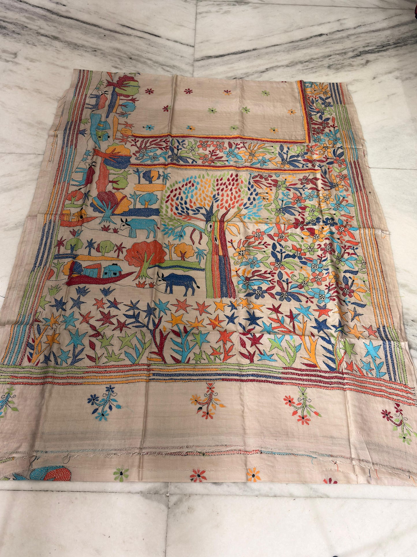 Pure Gachhi Tussar Handicrafts Kantha Stitch Saree