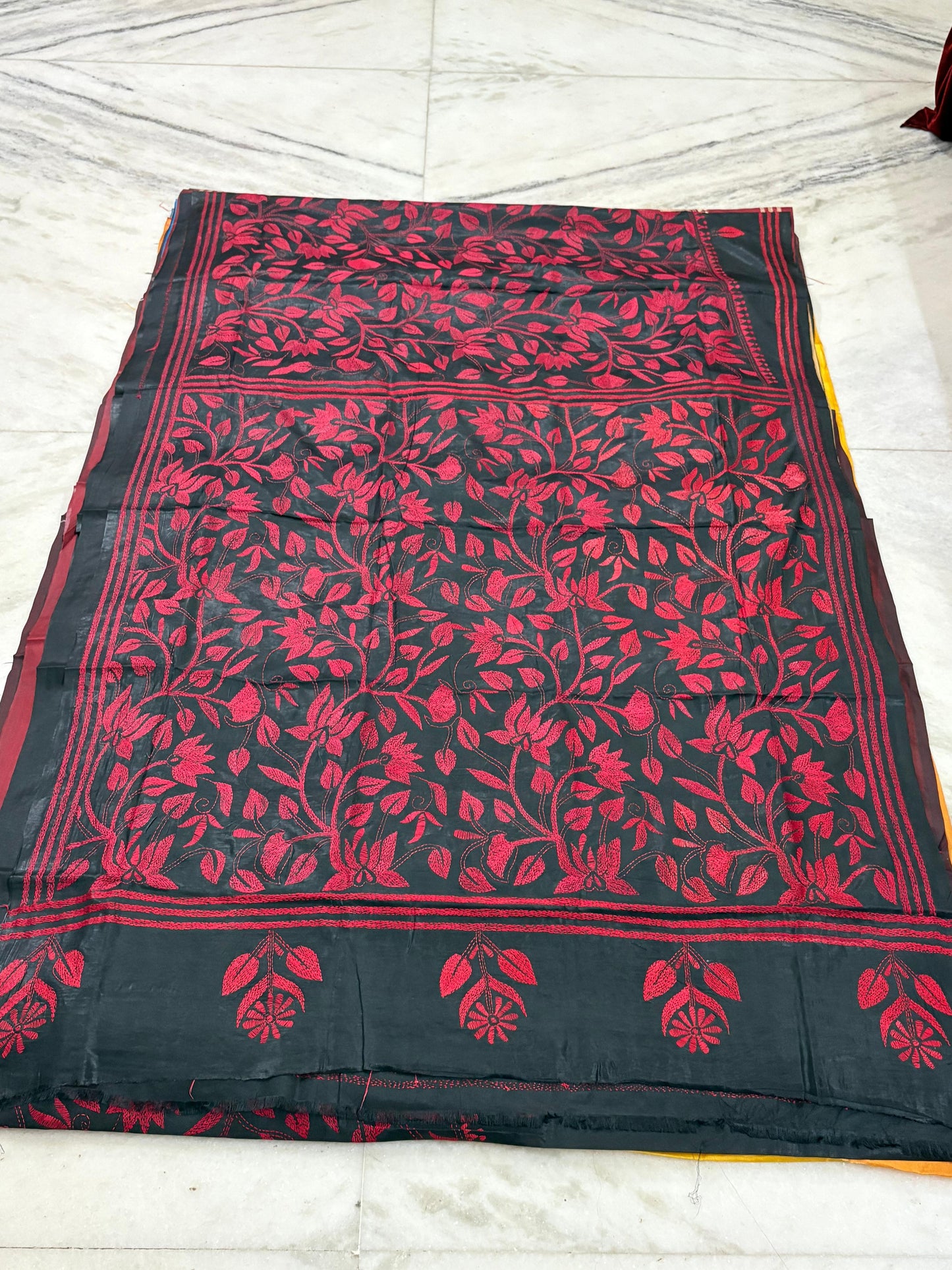 Blended Bangalore Silk Hand Crafted Kantha Stitch Saree
