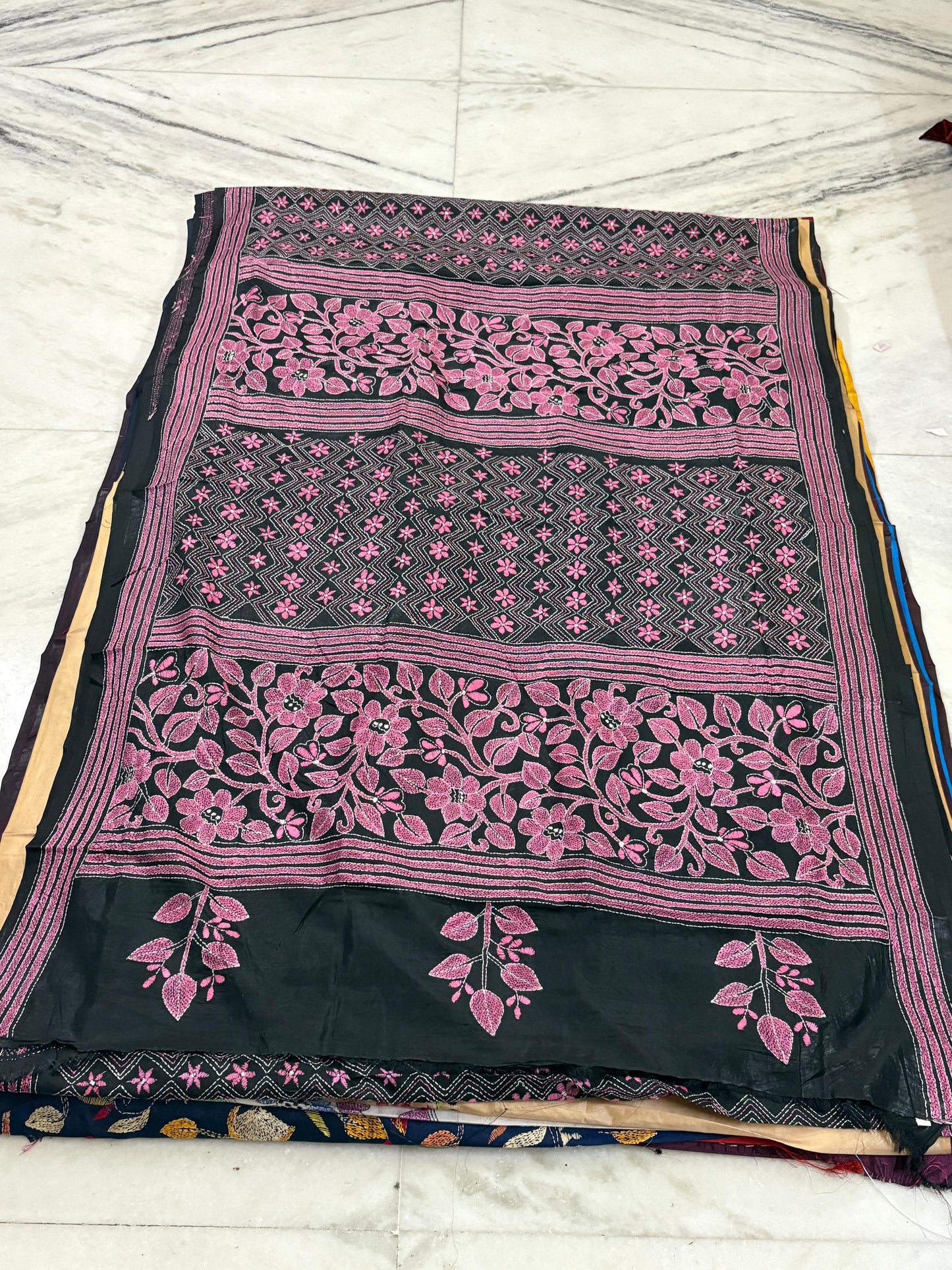 Blended Bangalore Silk Hand Crafted Kantha Stitch Saree