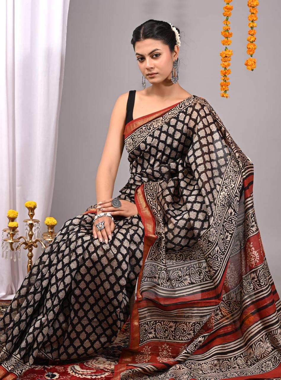 Natural Color Hand Block Print Saree