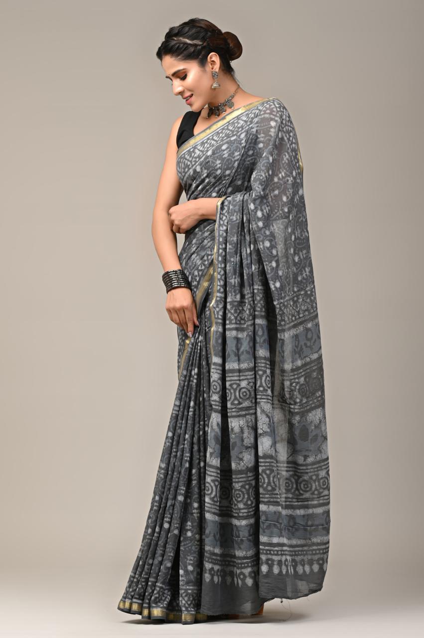 Hand Block Printing Saree on Cotton Zari