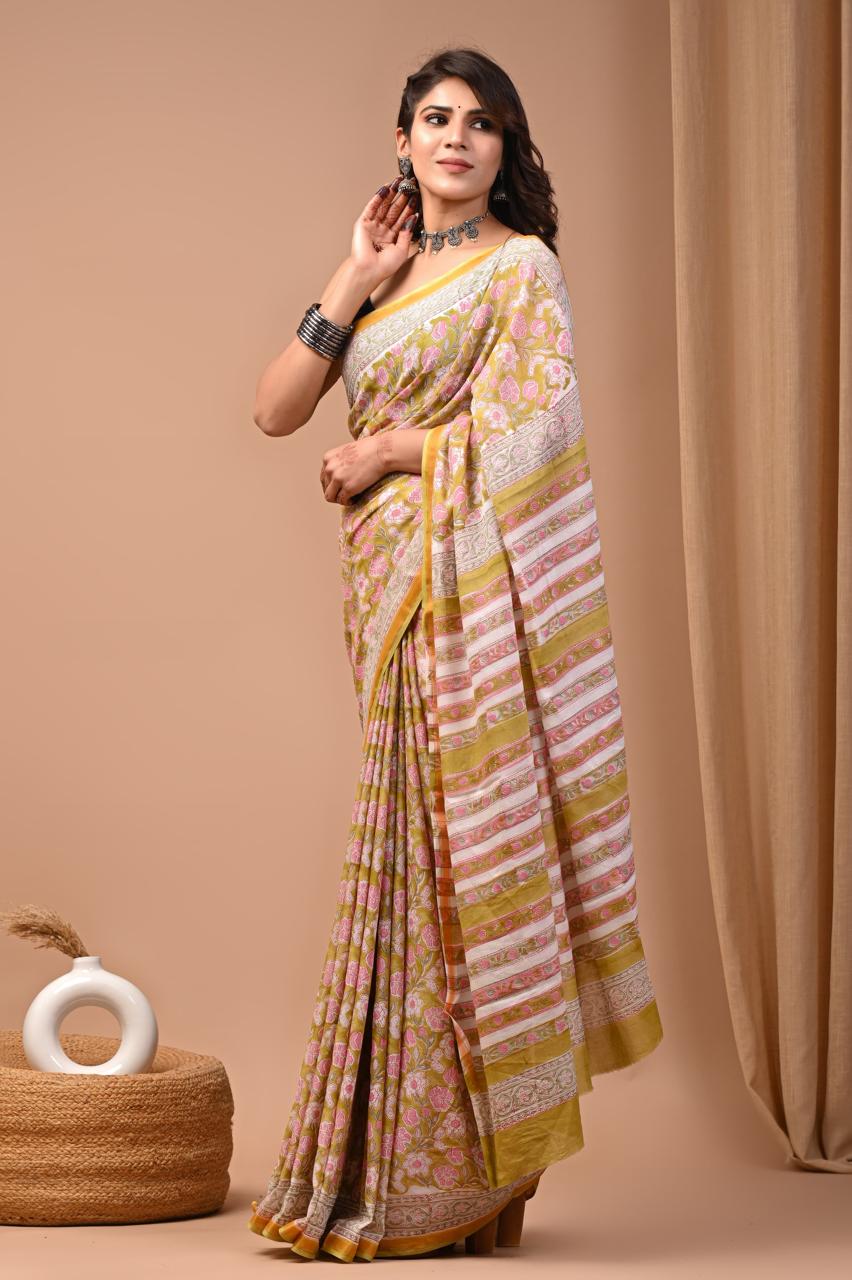 Hand Block Printing Saree on Cotton Zari