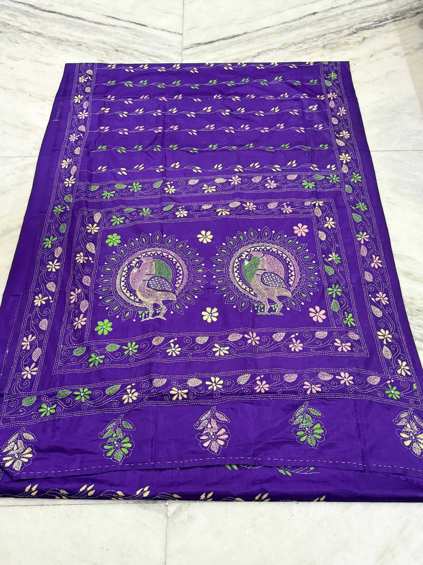 Blended Murshidabad Silk Hand Crafted Kantha Stitch Saree