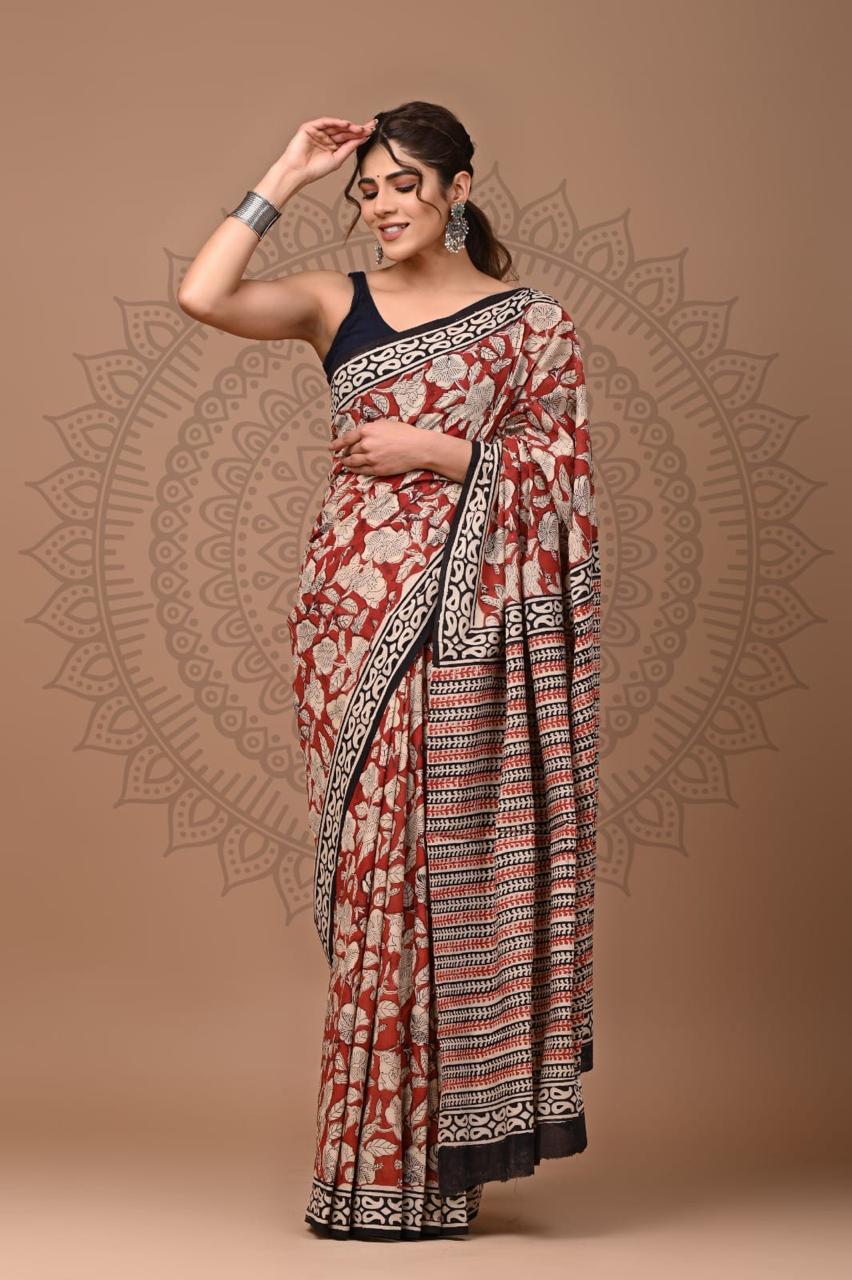 Natural Color Hand Block Print Saree