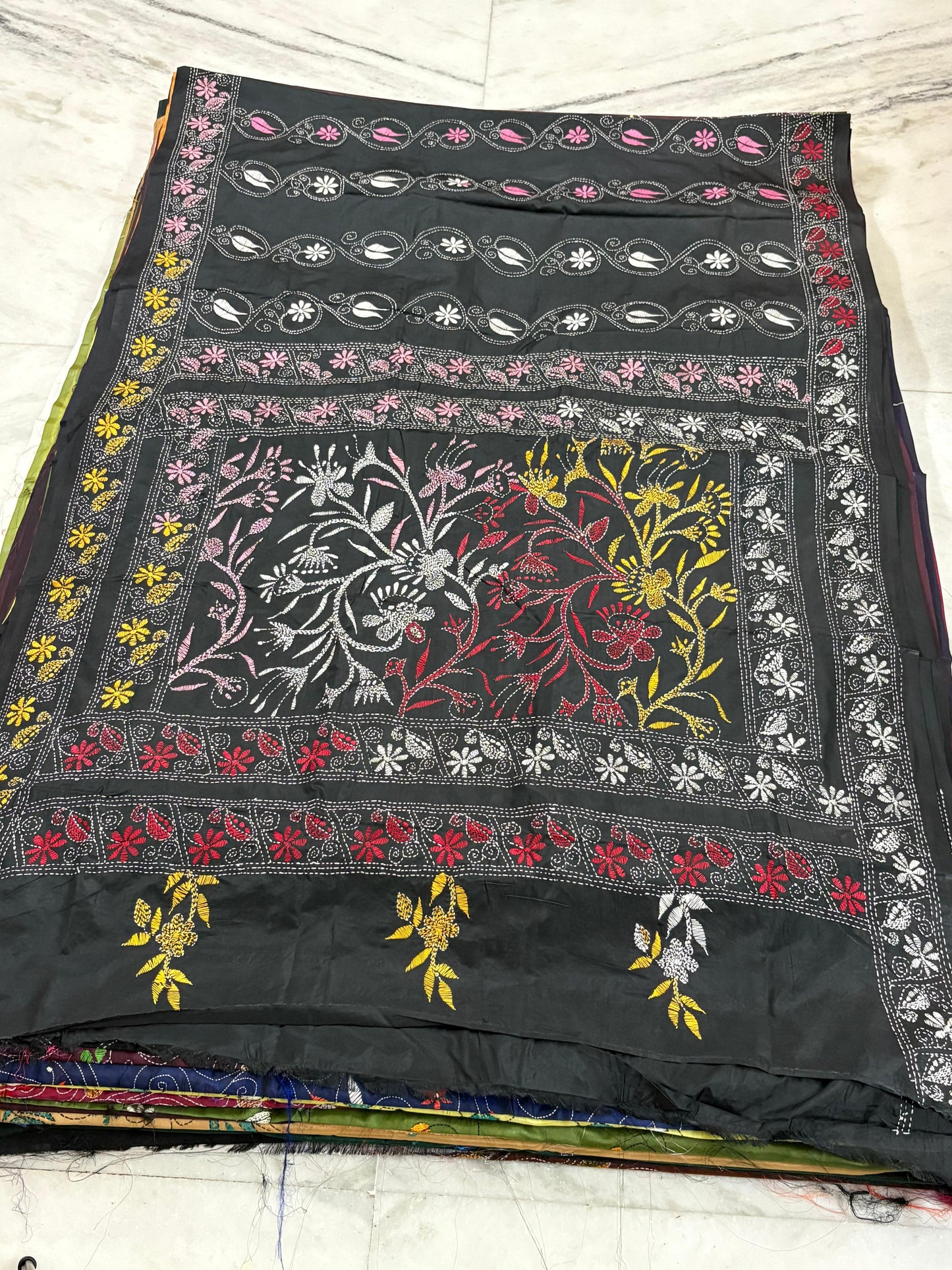 Blended Bangalore Silk Hand Crafted Kantha Stitch Saree