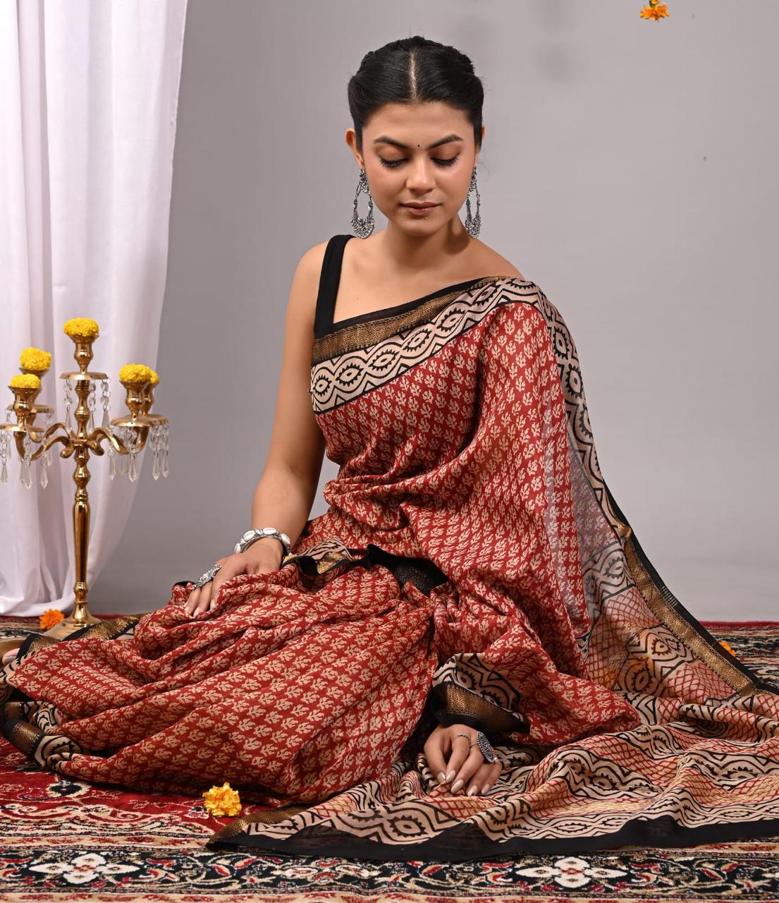 Natural Color Hand Block Print Saree