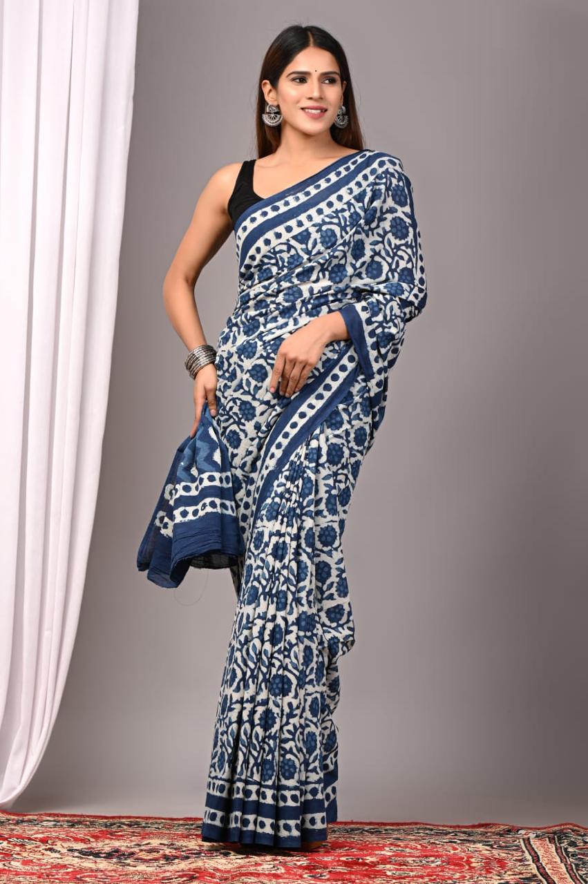 Hand Block Printing Saree with Indigo Dyes
