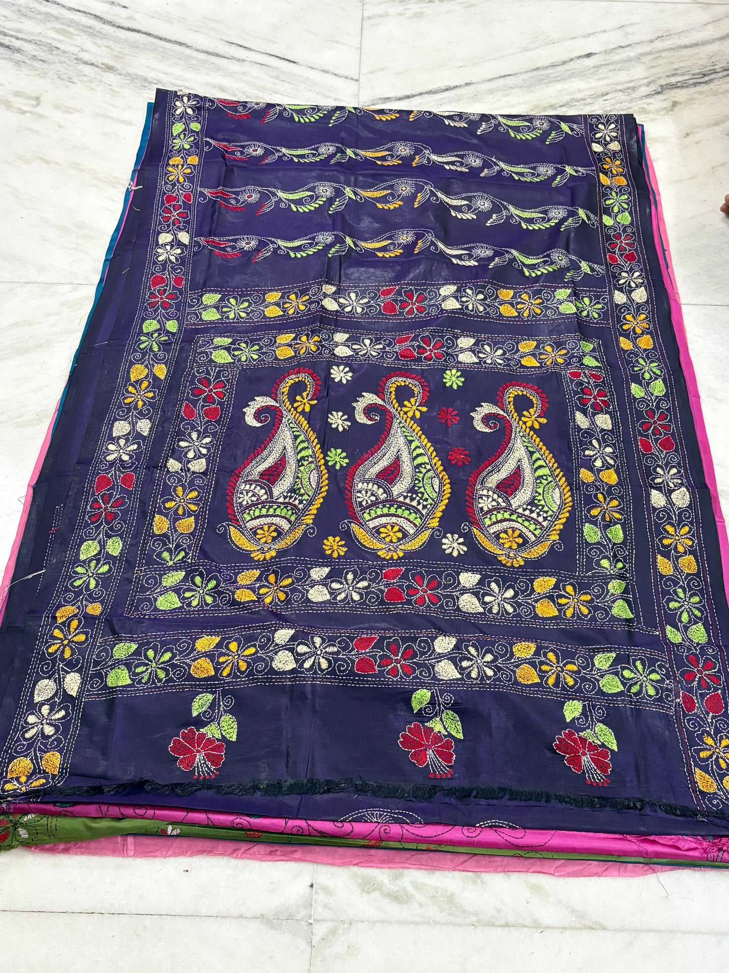 Blended Bangalore Silk Hand Crafted Kantha Stitch Saree