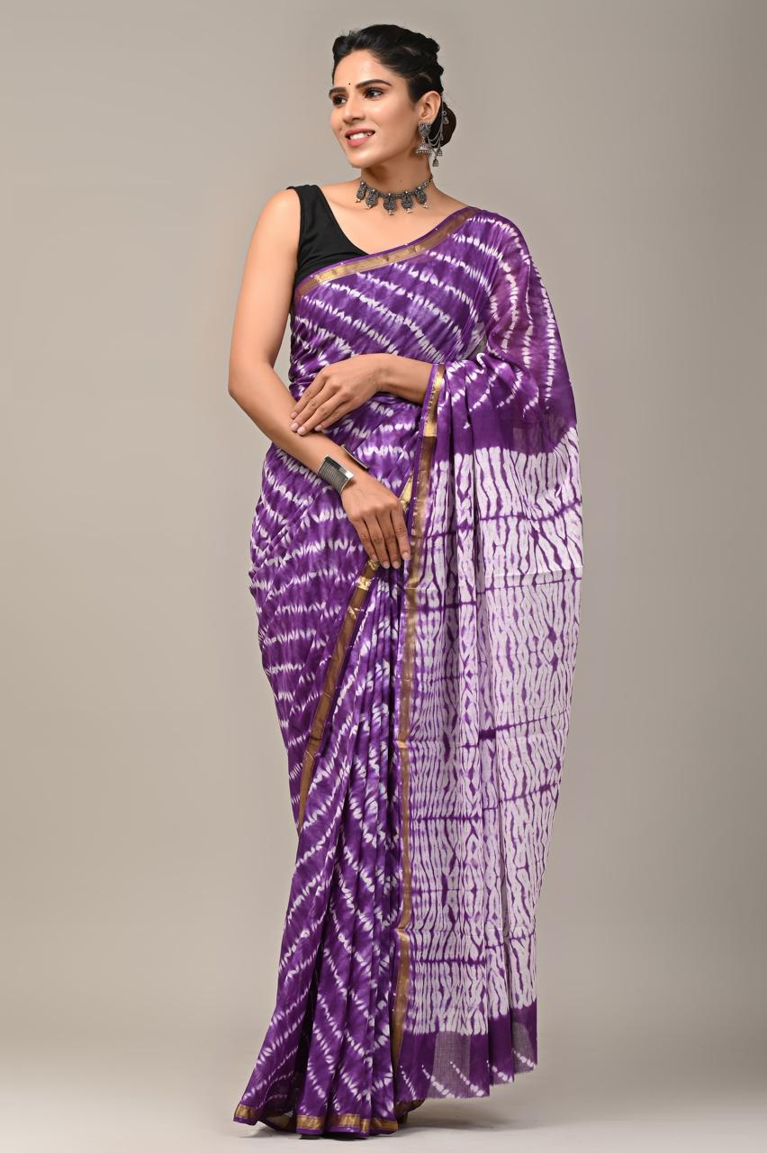 Hand Block Printing Saree on Cotton Zari