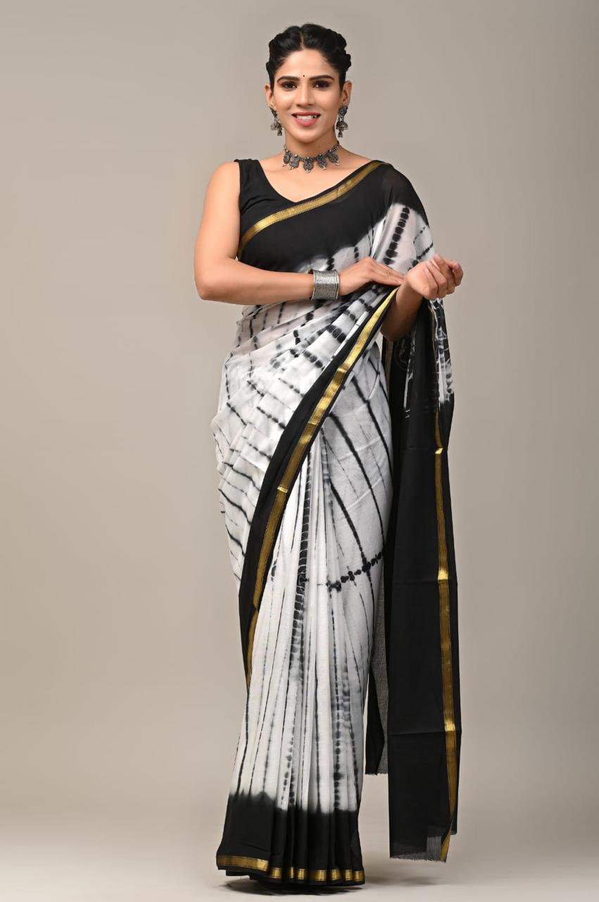 Hand Block Printing Saree on Cotton Zari