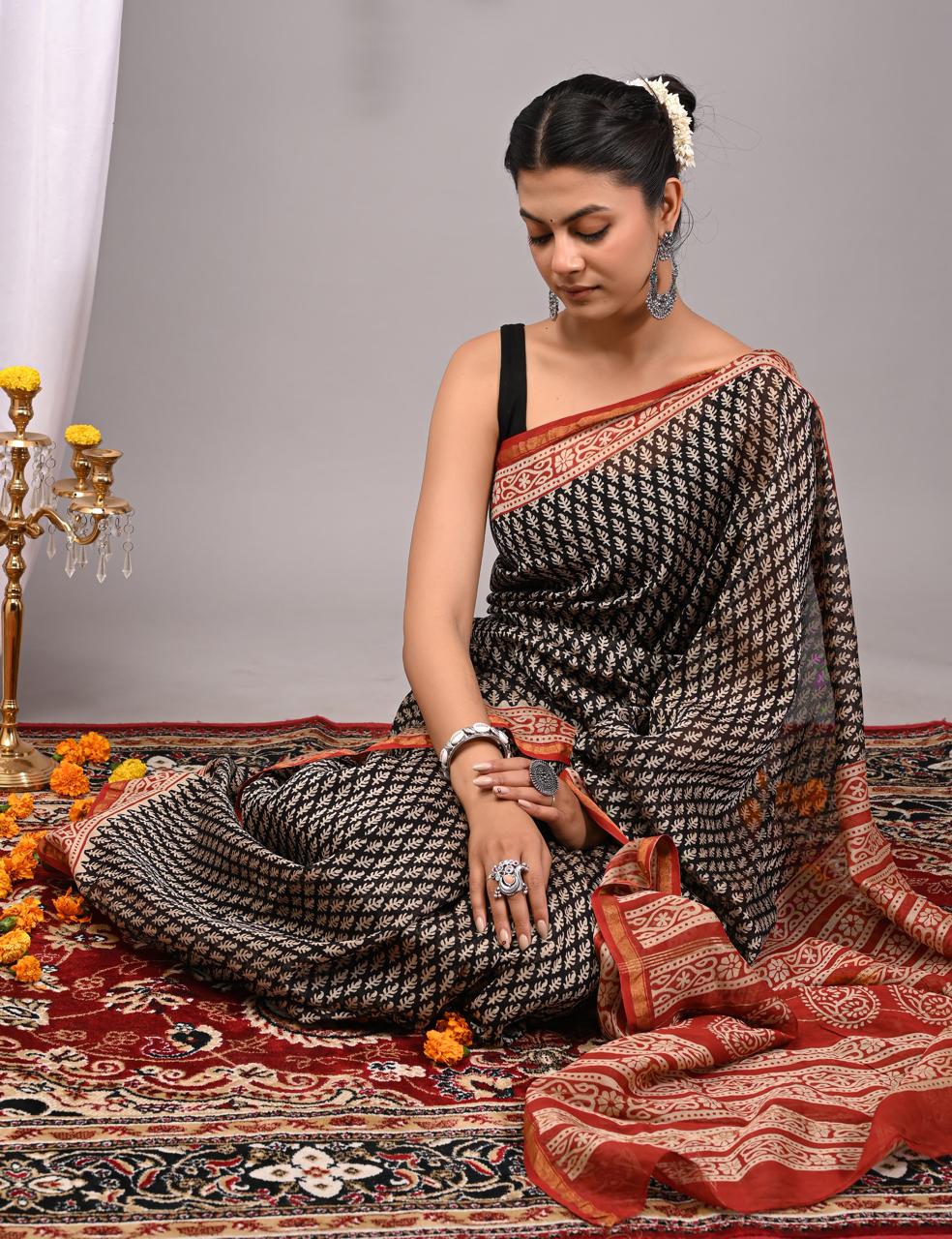 Hand Block Print Saree on Chanderi Silk