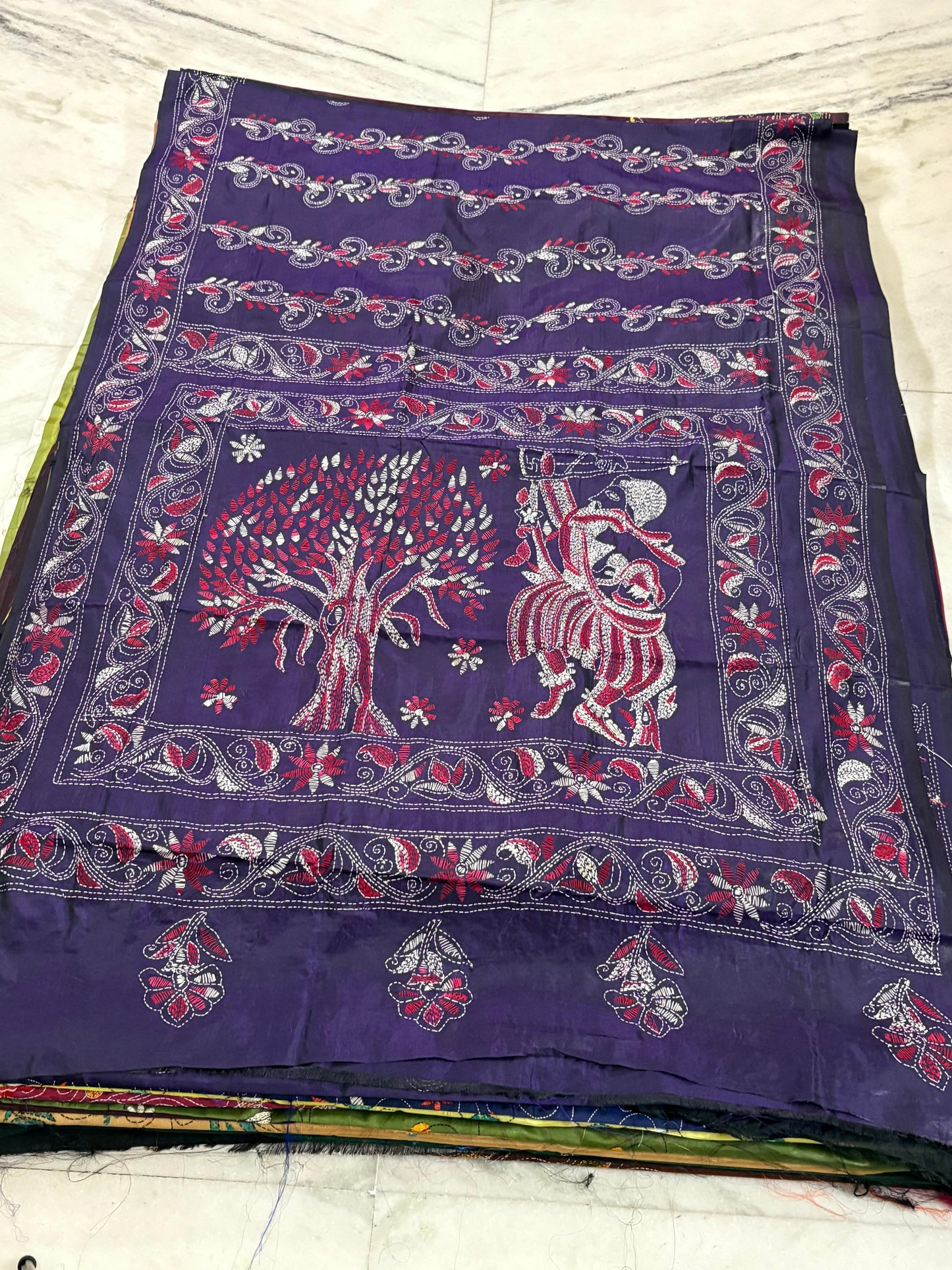 Blended Bangalore Silk Hand Crafted Kantha Stitch Saree