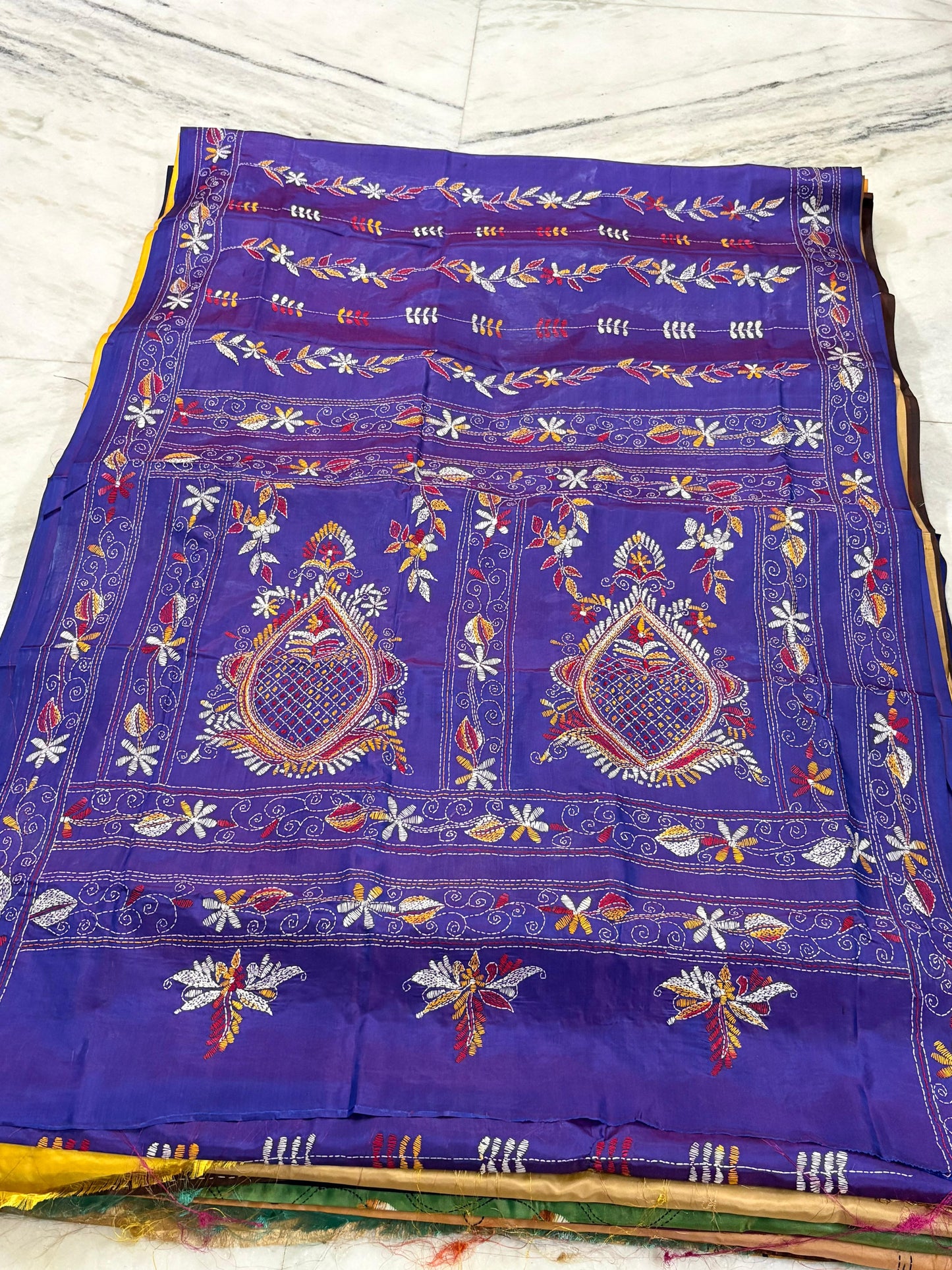 Blended Murshidabad Silk Hand Crafted Kantha Stitch Saree