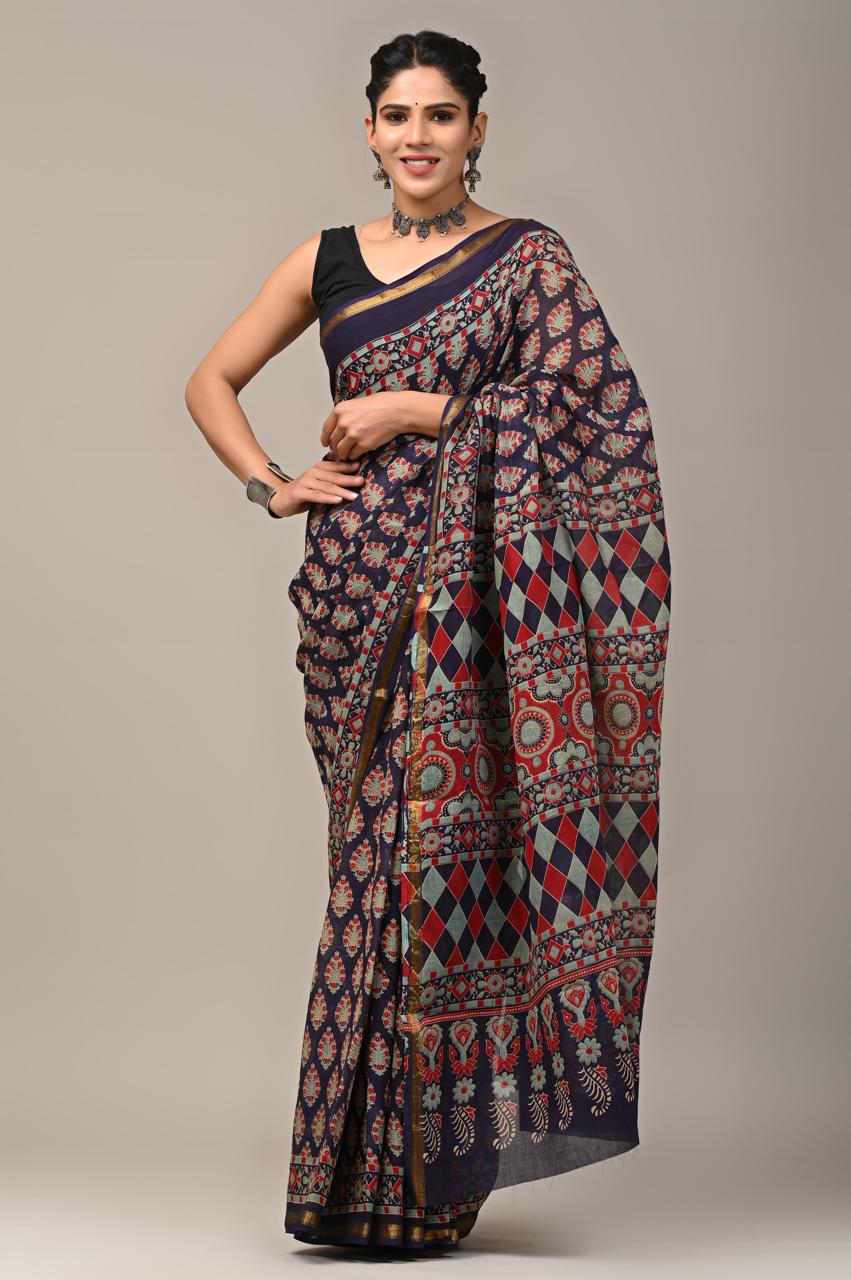 Hand Block Printing Saree on Cotton Zari