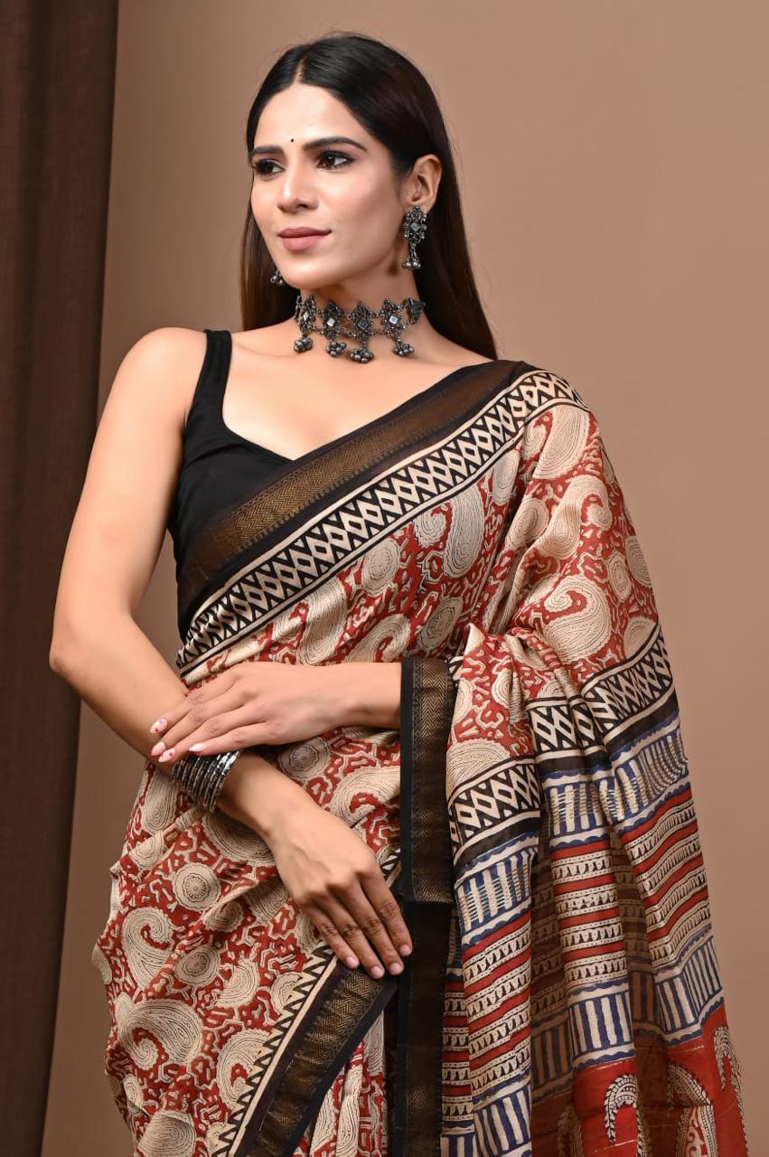 Natural Color Hand Block Print Saree
