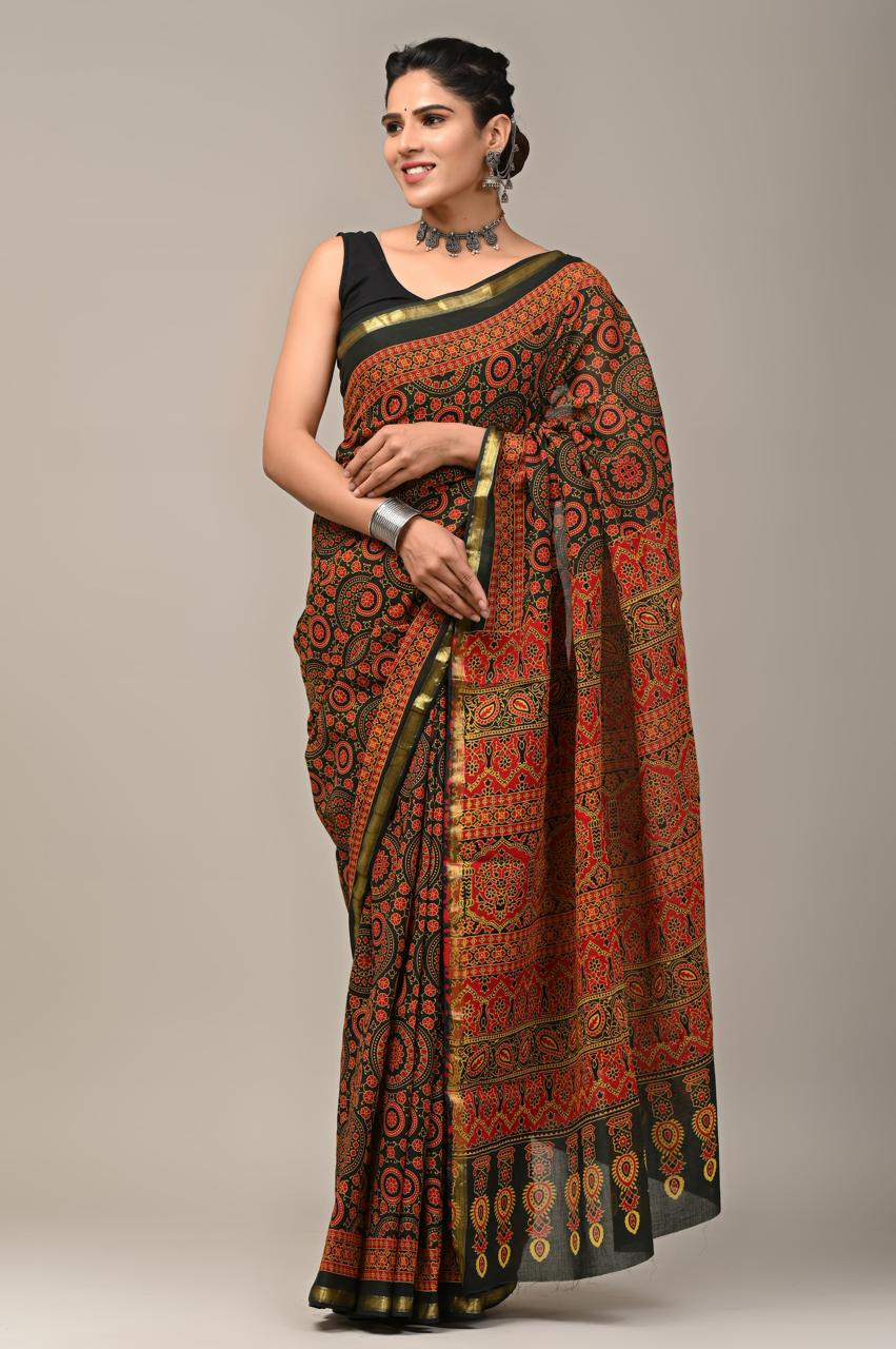 Hand Block Printing Saree on Cotton Zari