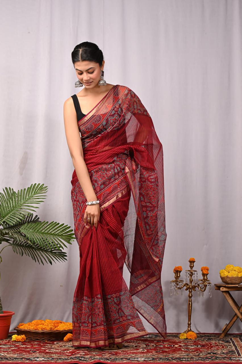 Hand Block Printing Saree on Kota Silk
