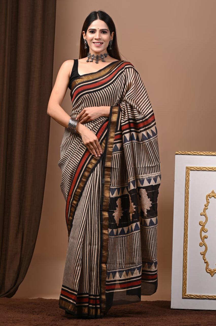 Natural Color Hand Block Print Saree
