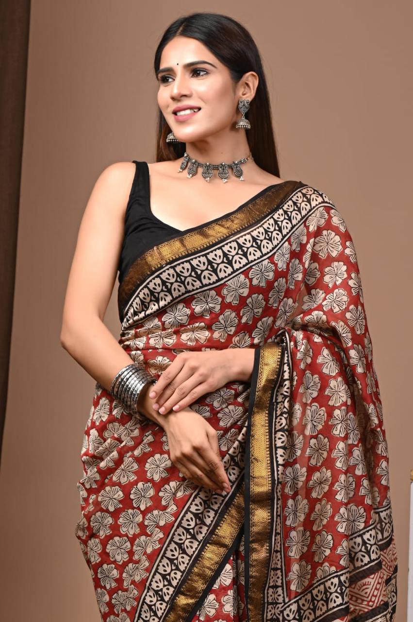 Natural Color Hand Block Print Saree