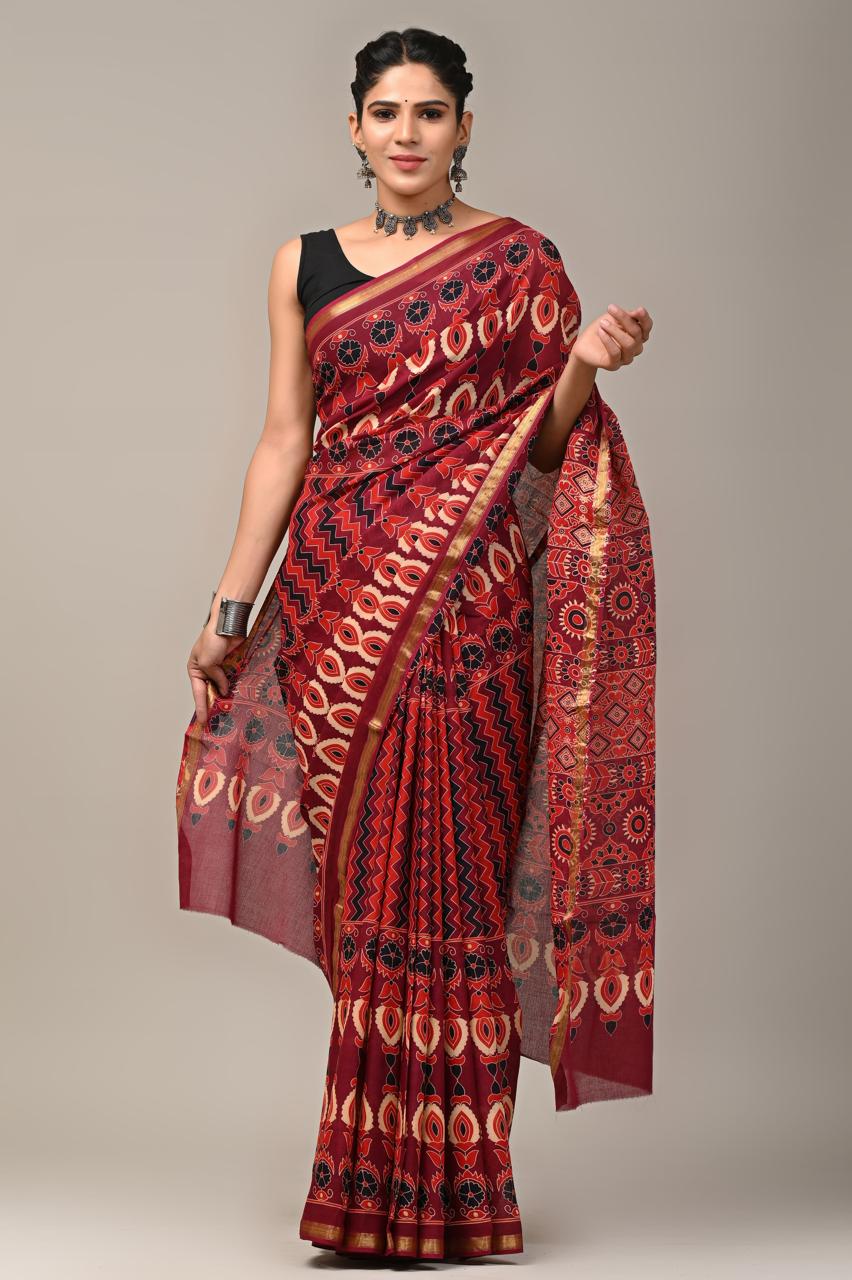 Hand Block Printing Saree on Cotton Zari