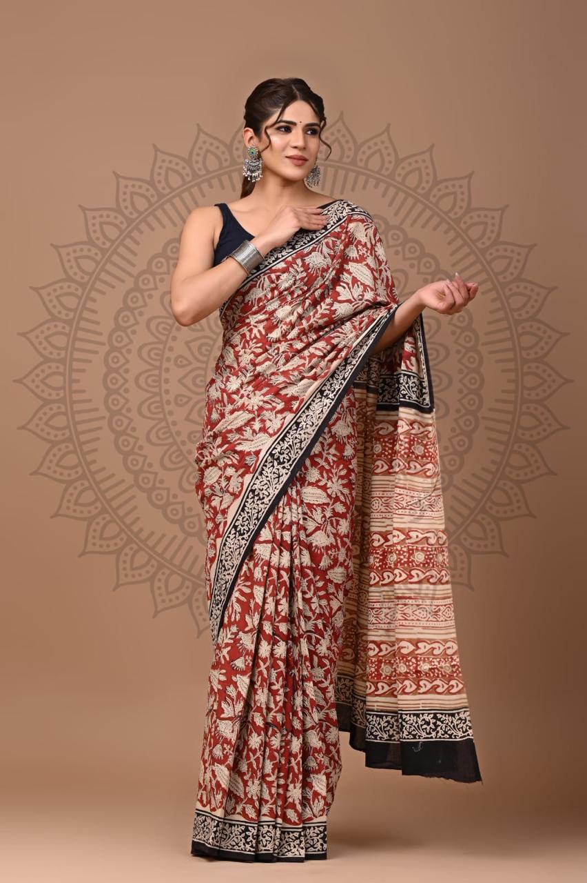 Natural Color Hand Block Print Saree