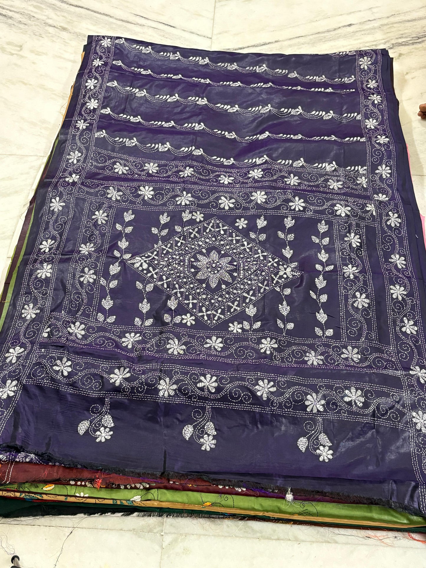 Blended Bangalore Silk Hand Crafted Kantha Stitch Saree