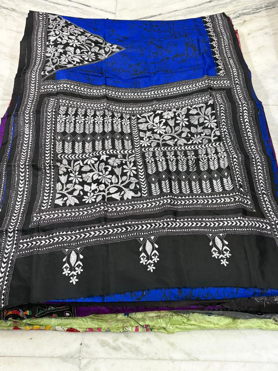 Pure Bangalore Silk Hand Crafted Kantha Stitch Saree