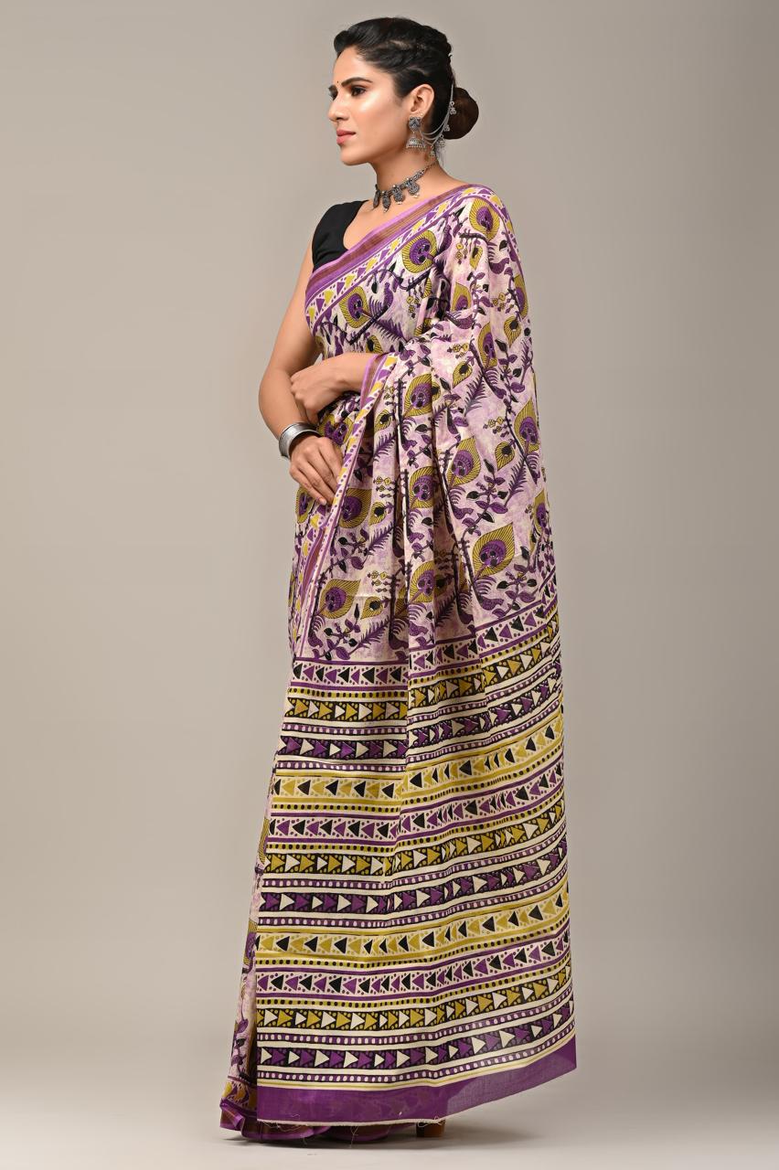 Hand Block Printing Saree on Cotton Zari
