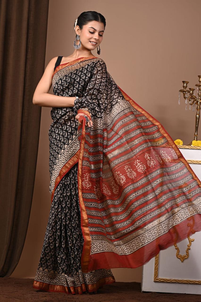 Natural Color Hand Block Print Saree
