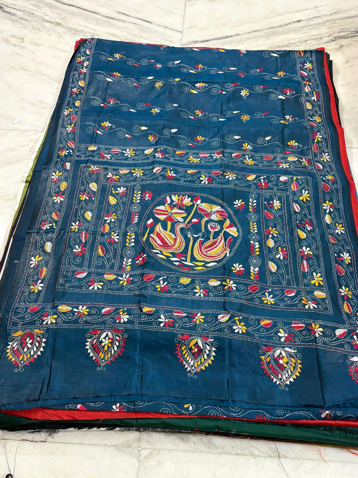 Blended Bangalore Silk Hand Crafted Kantha Stitch Saree