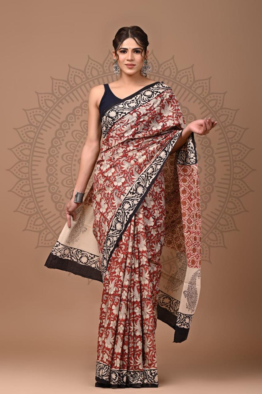 Natural Color Hand Block Print Saree
