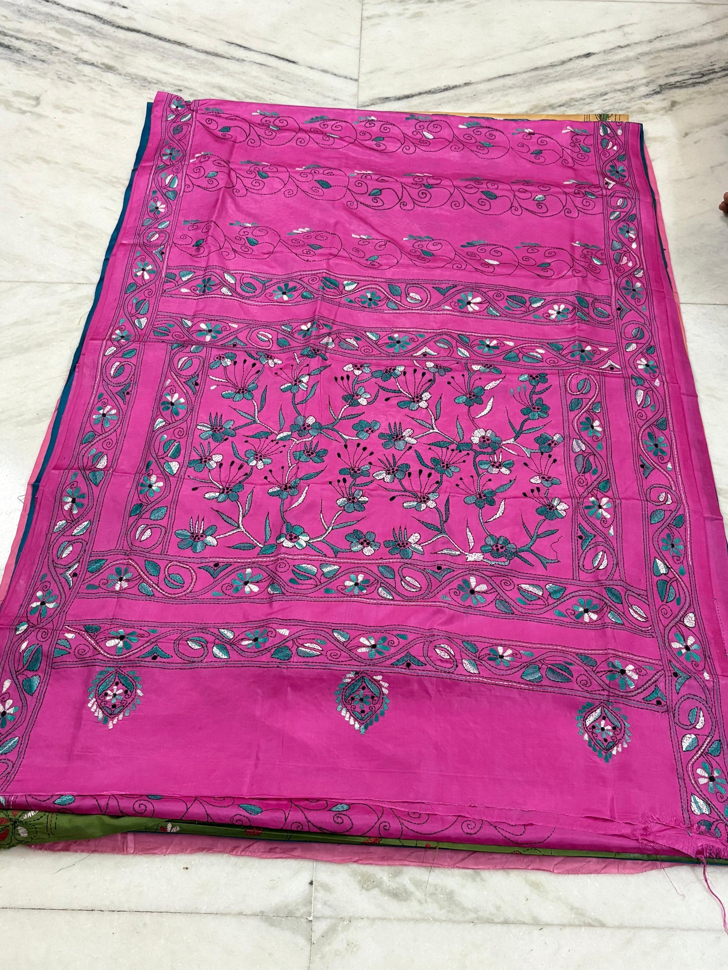 Blended Bangalore Silk Hand Crafted Kantha Stitch Saree