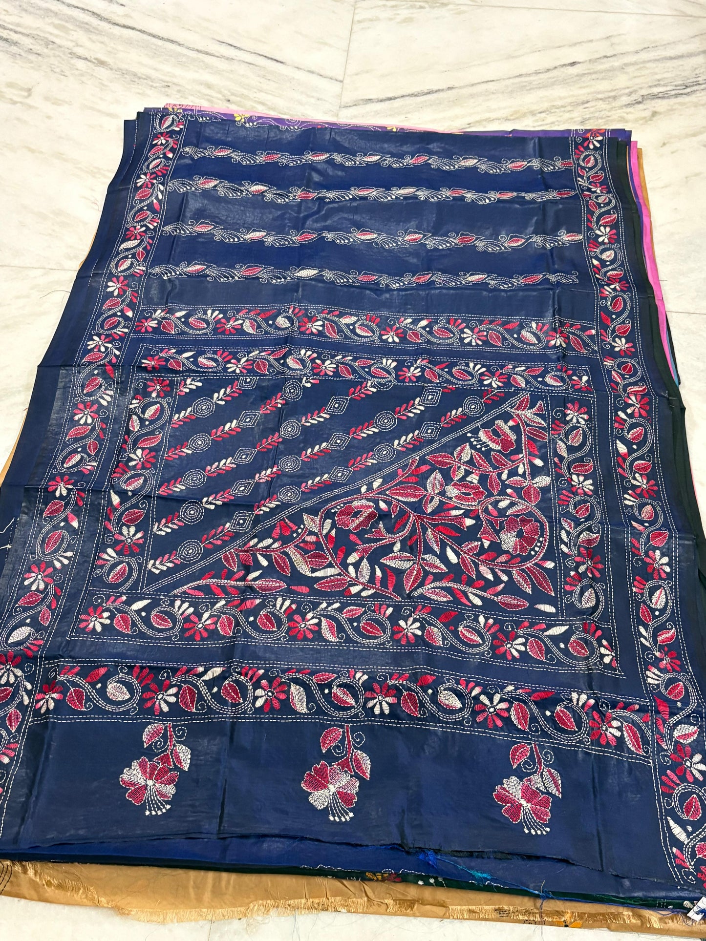 Blended Murshidabad Silk Hand Crafted Kantha Stitch Saree