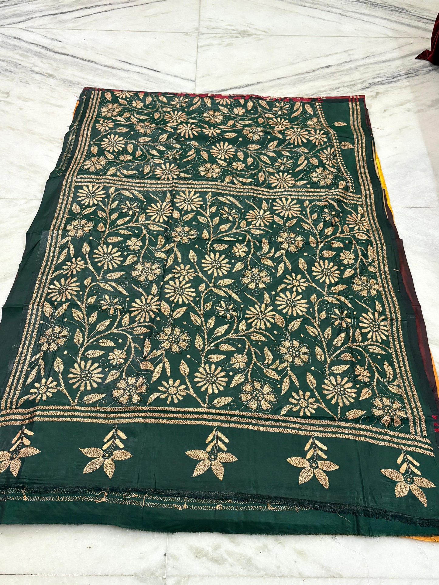 Blended Bangalore Silk Hand Crafted Kantha Stitch Saree
