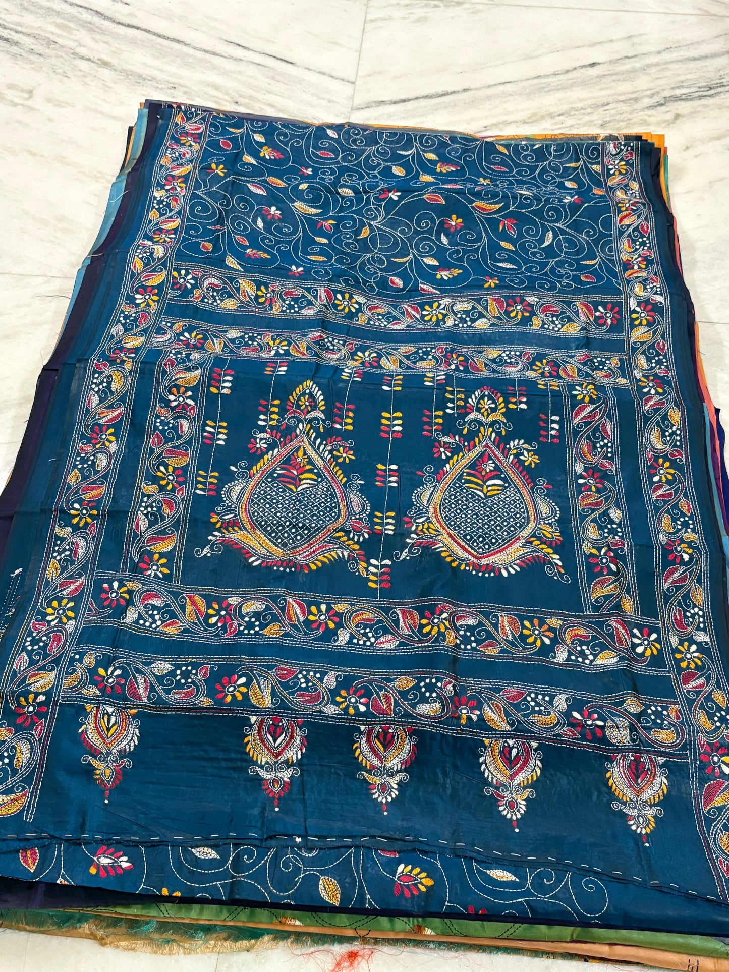 Blended Murshidabad Silk Hand Crafted Kantha Stitch Saree
