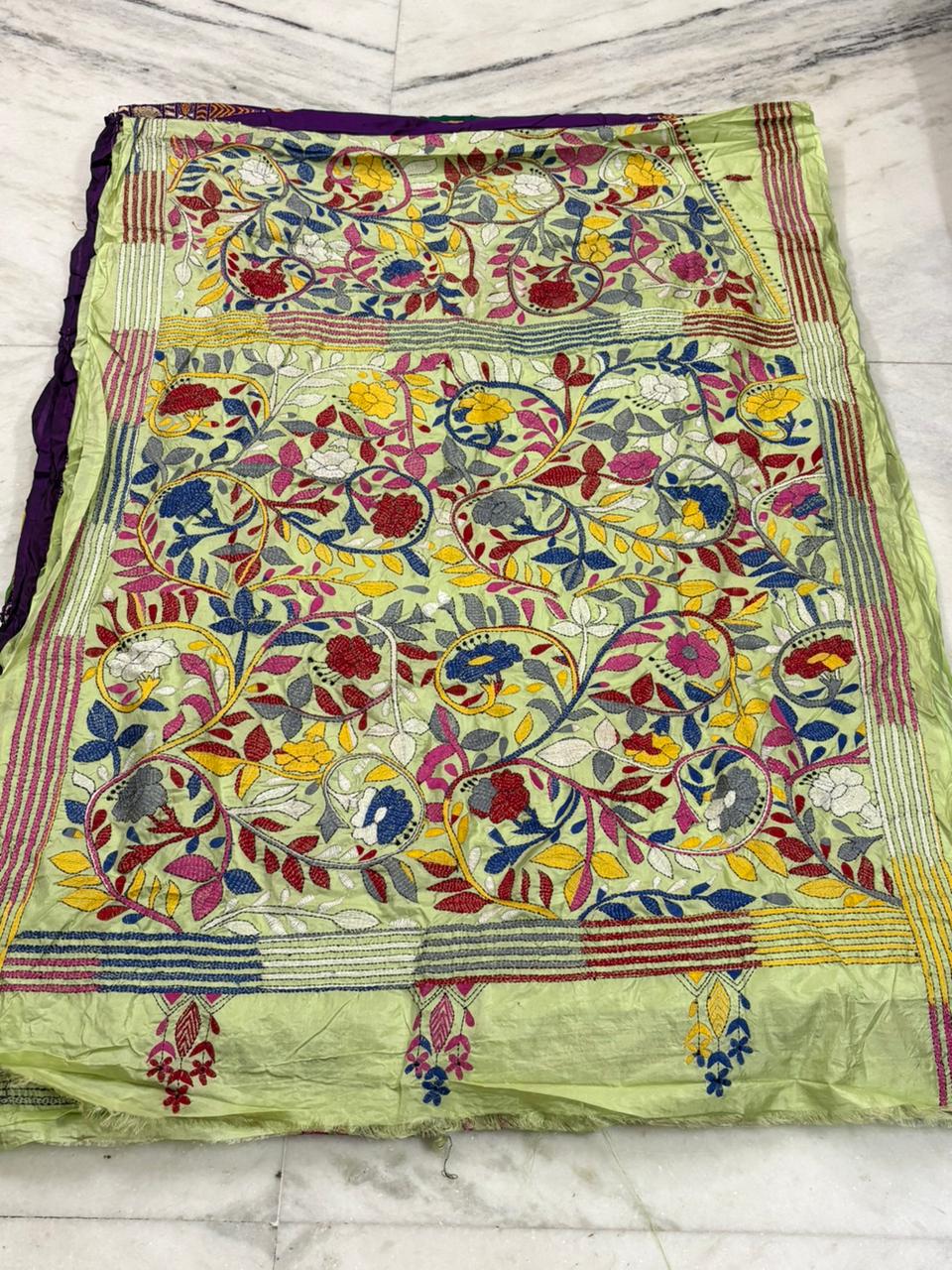 Pure Bangalore Silk Hand Crafted Kantha Stitch Saree