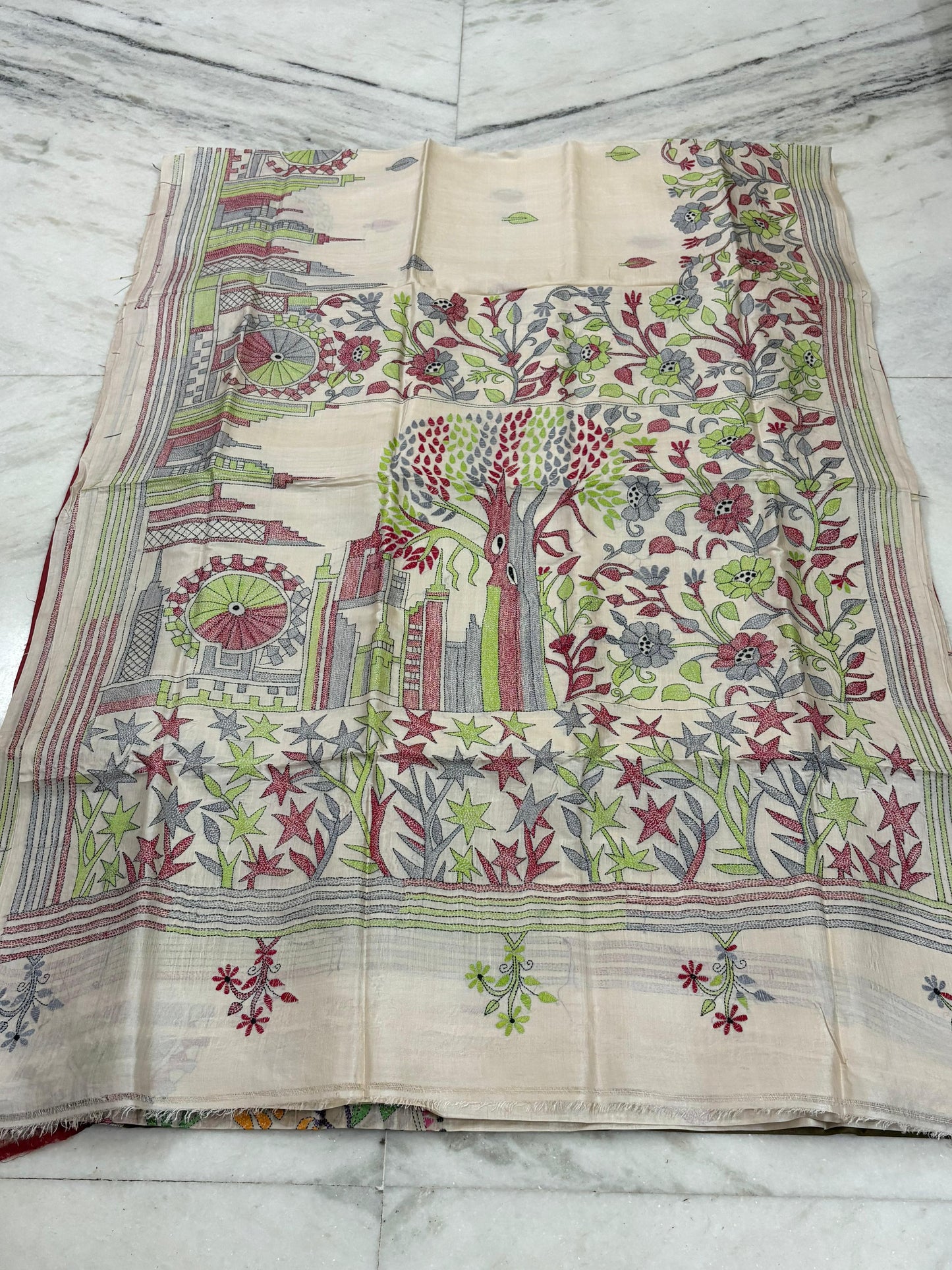 Korean Tussar Handicrafts Kantha Stitch Saree
