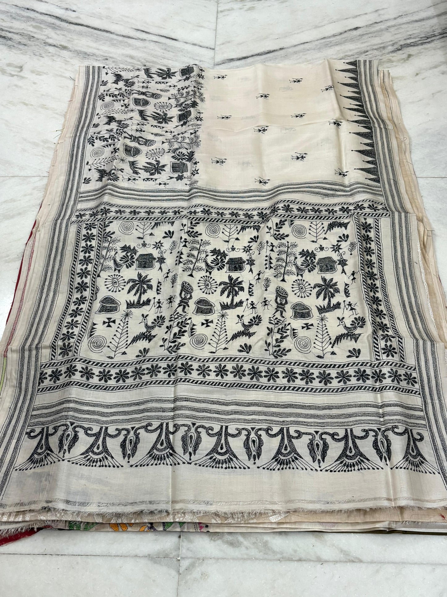 Korean Tussar Handicrafts Kantha Stitch Saree
