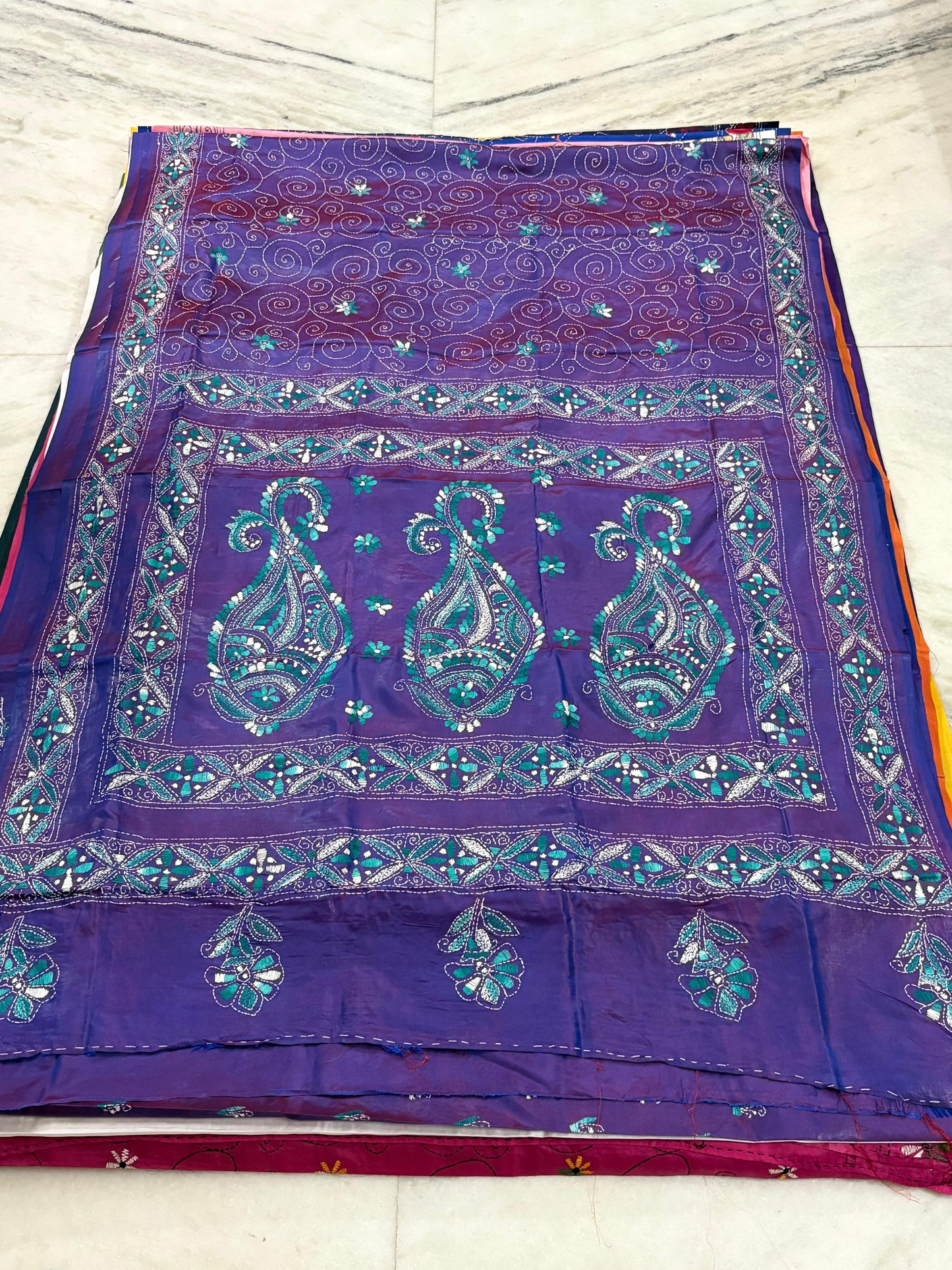 Blended Murshidabad Silk Hand Crafted Kantha Stitch Saree