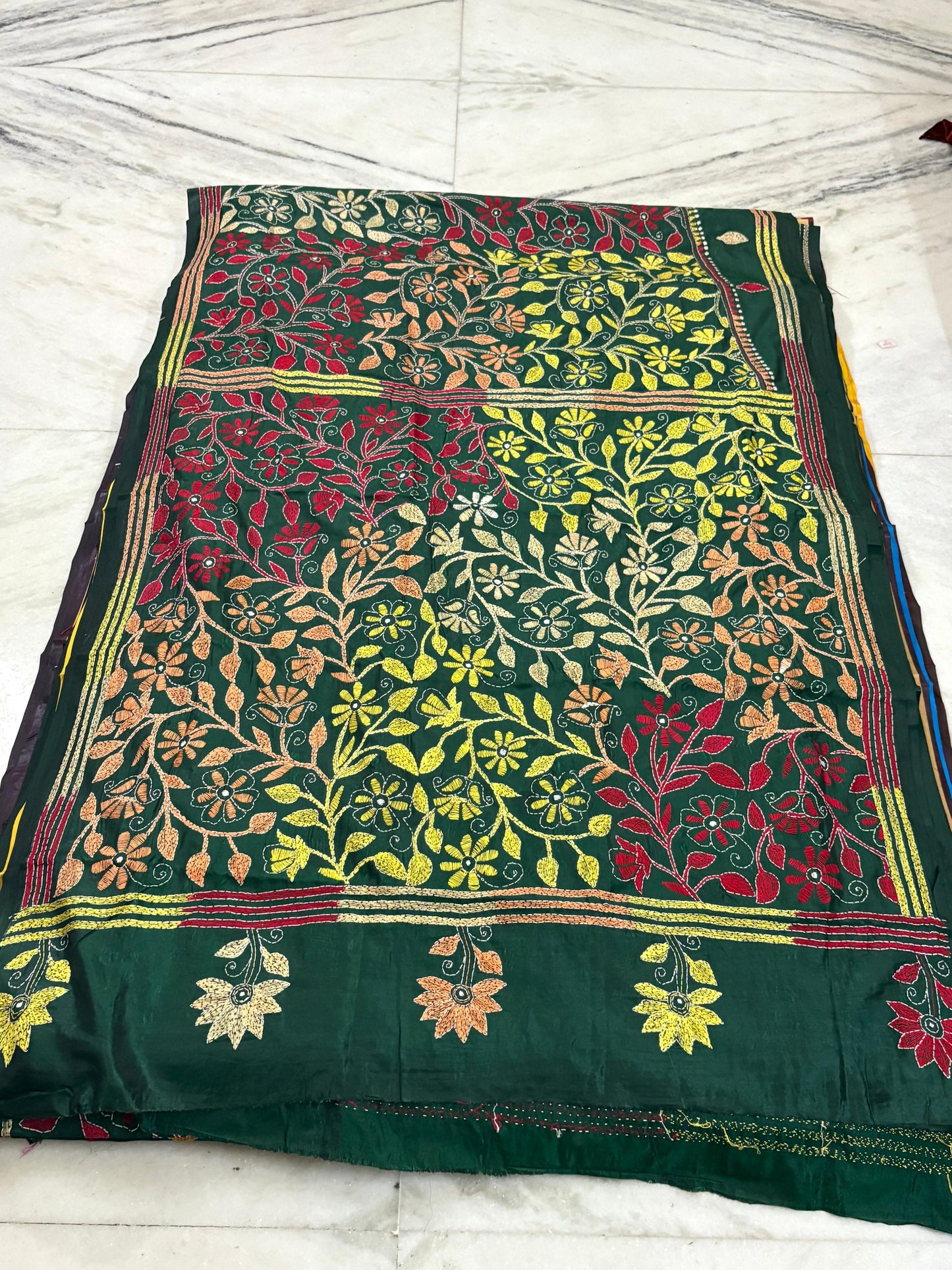 Blended Bangalore Silk Hand Crafted Kantha Stitch Saree