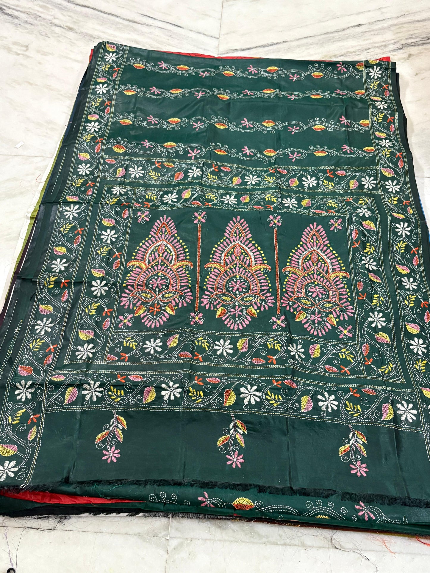 Blended Bangalore Silk Hand Crafted Kantha Stitch Saree