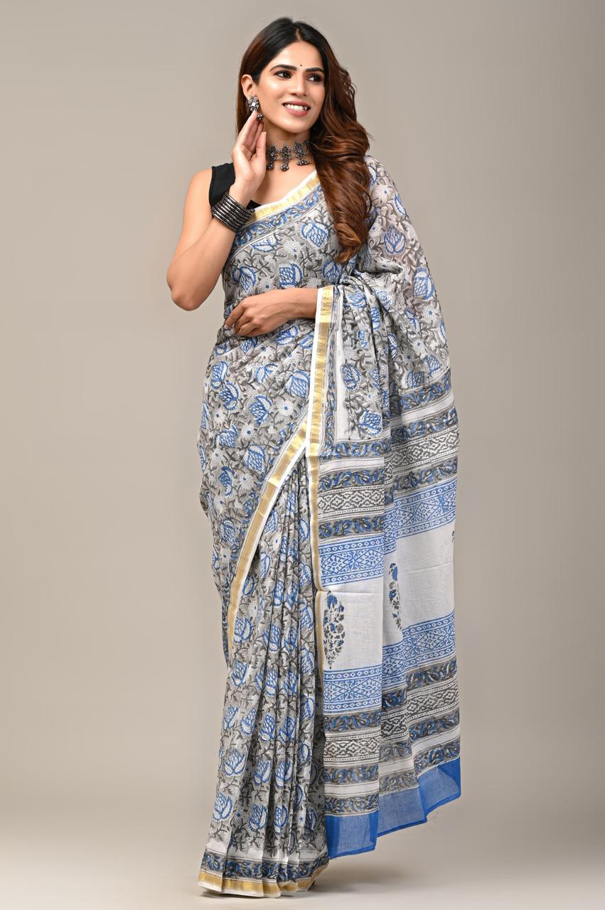 Hand Block Printing Saree on Cotton Zari