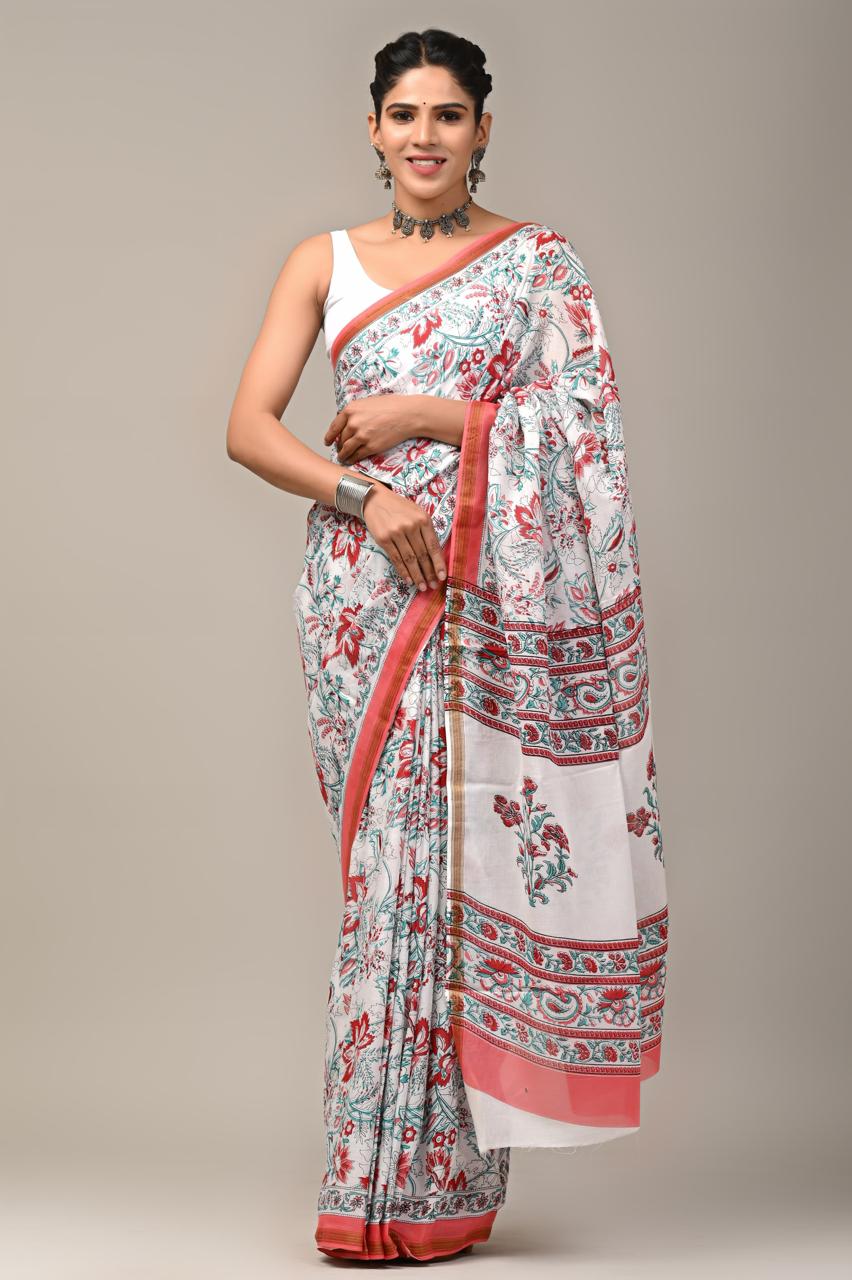 Hand Block Printing Saree on Cotton Zari