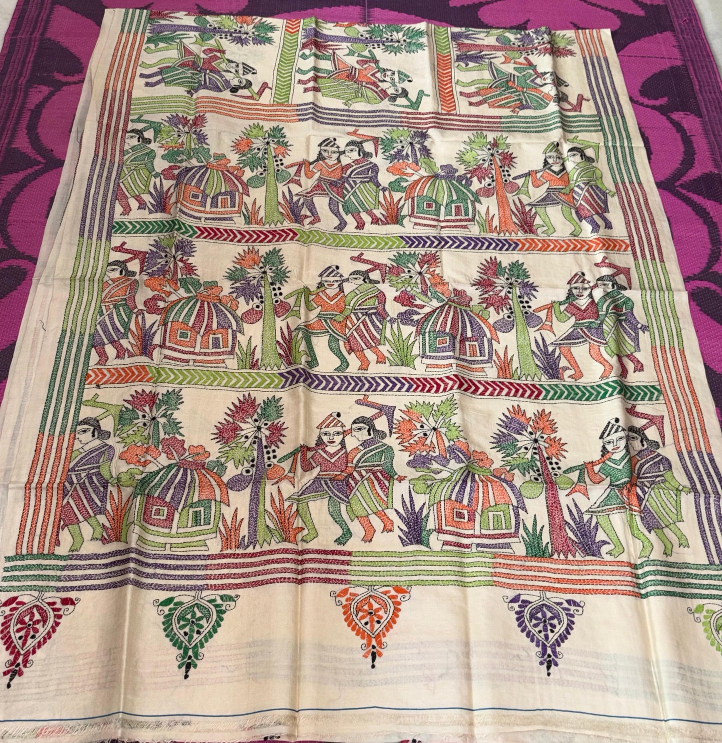 Korean Tussar Handicrafts Kantha Stitch Saree