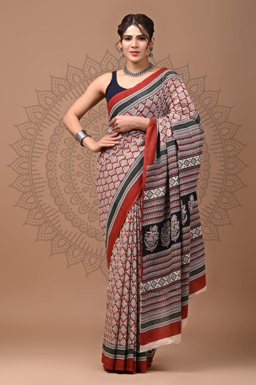 Natural Color Hand Block Print Saree