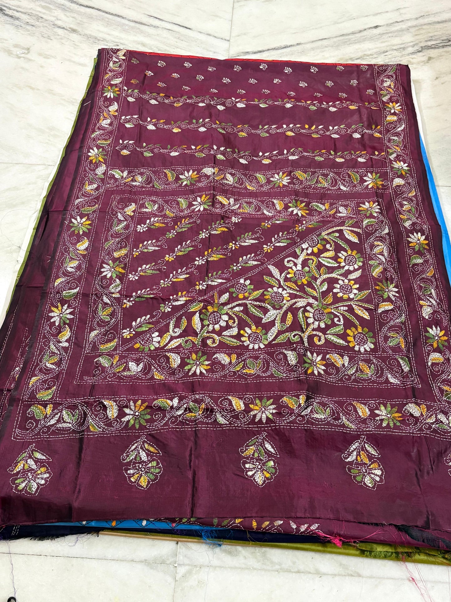 Blended Bangalore Silk Hand Crafted Kantha Stitch Saree