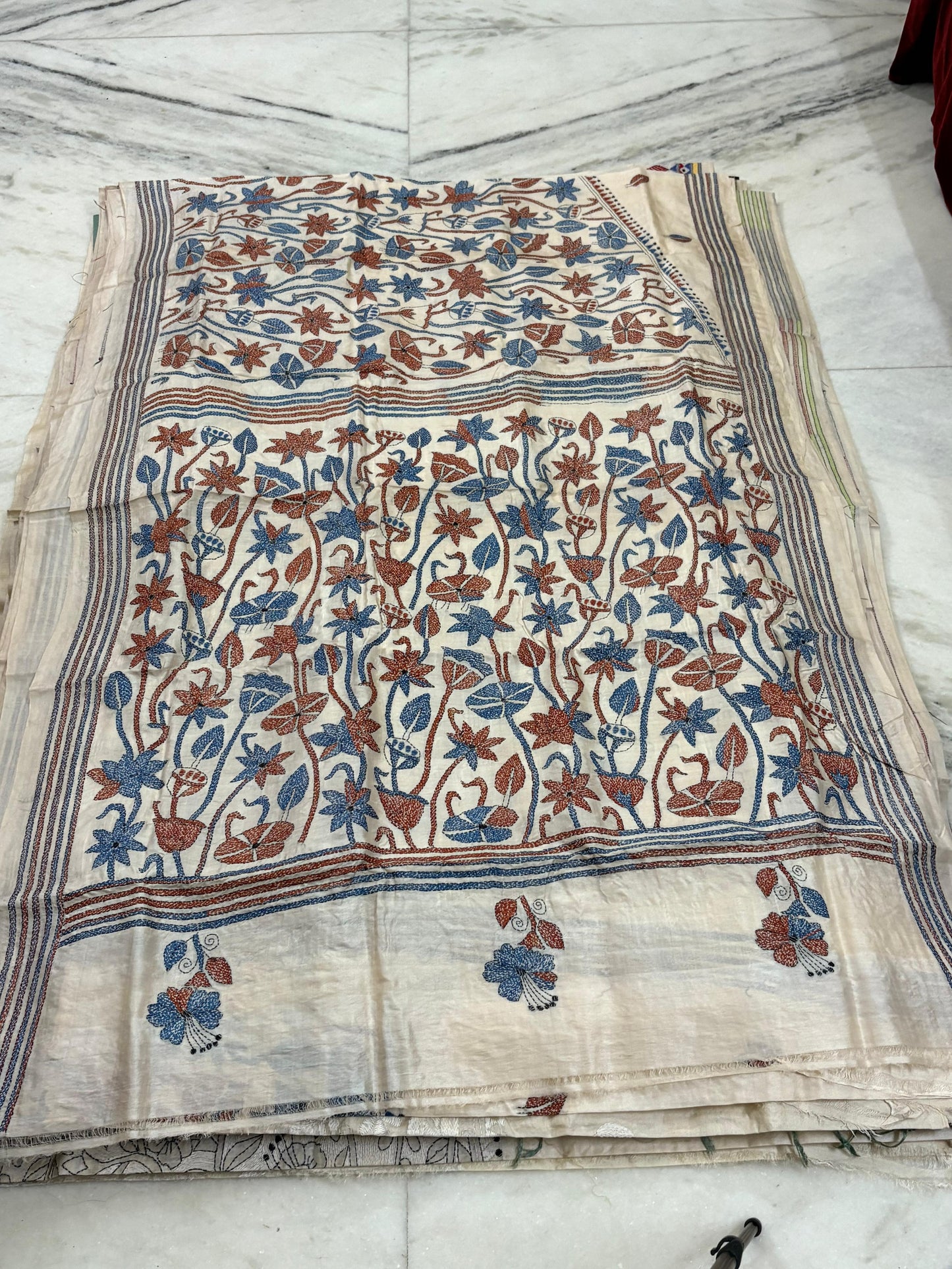 Korean Tussar Handicrafts Kantha Stitch Saree
