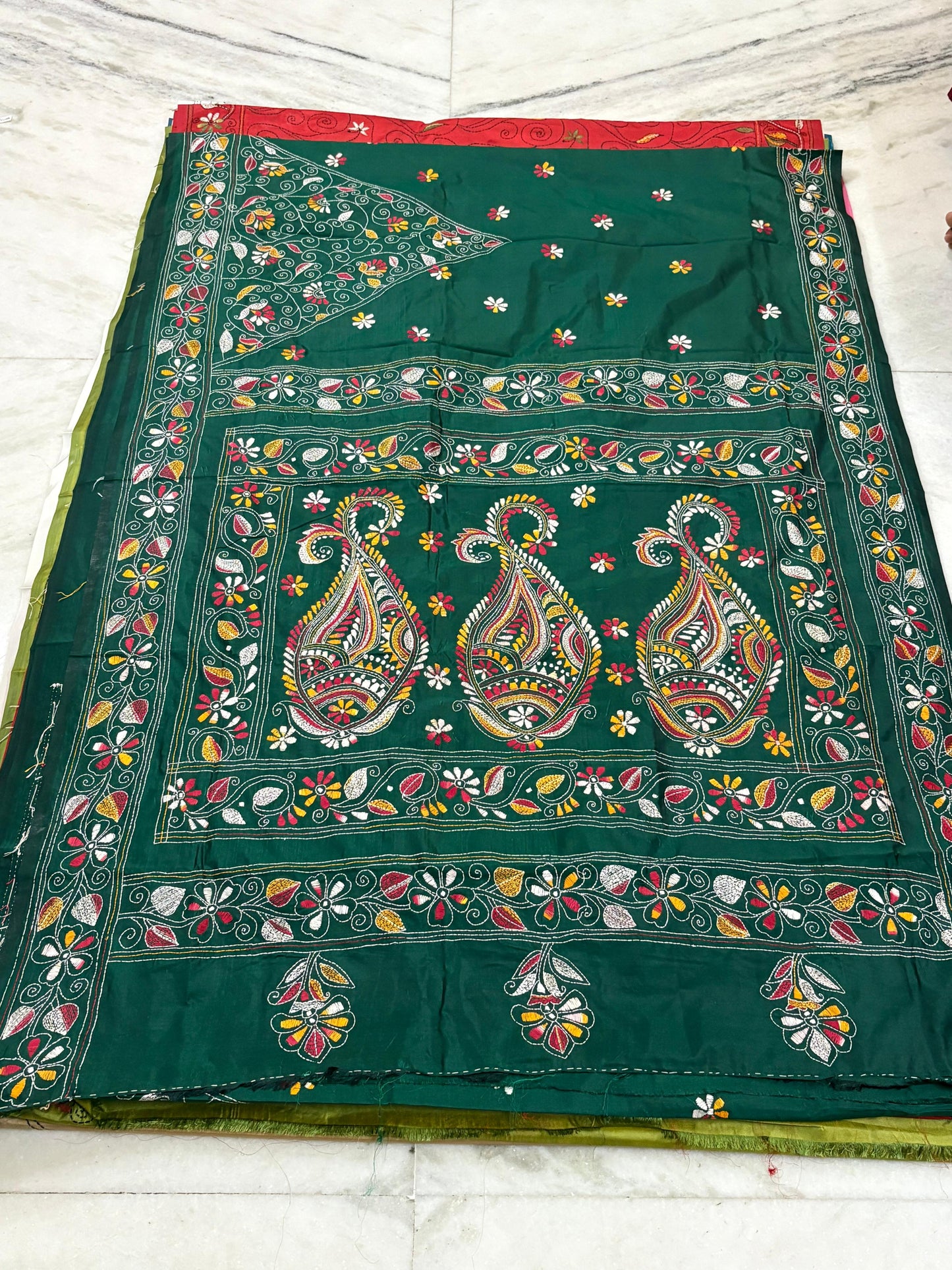 Blended Bangalore Silk Hand Crafted Kantha Stitch Saree