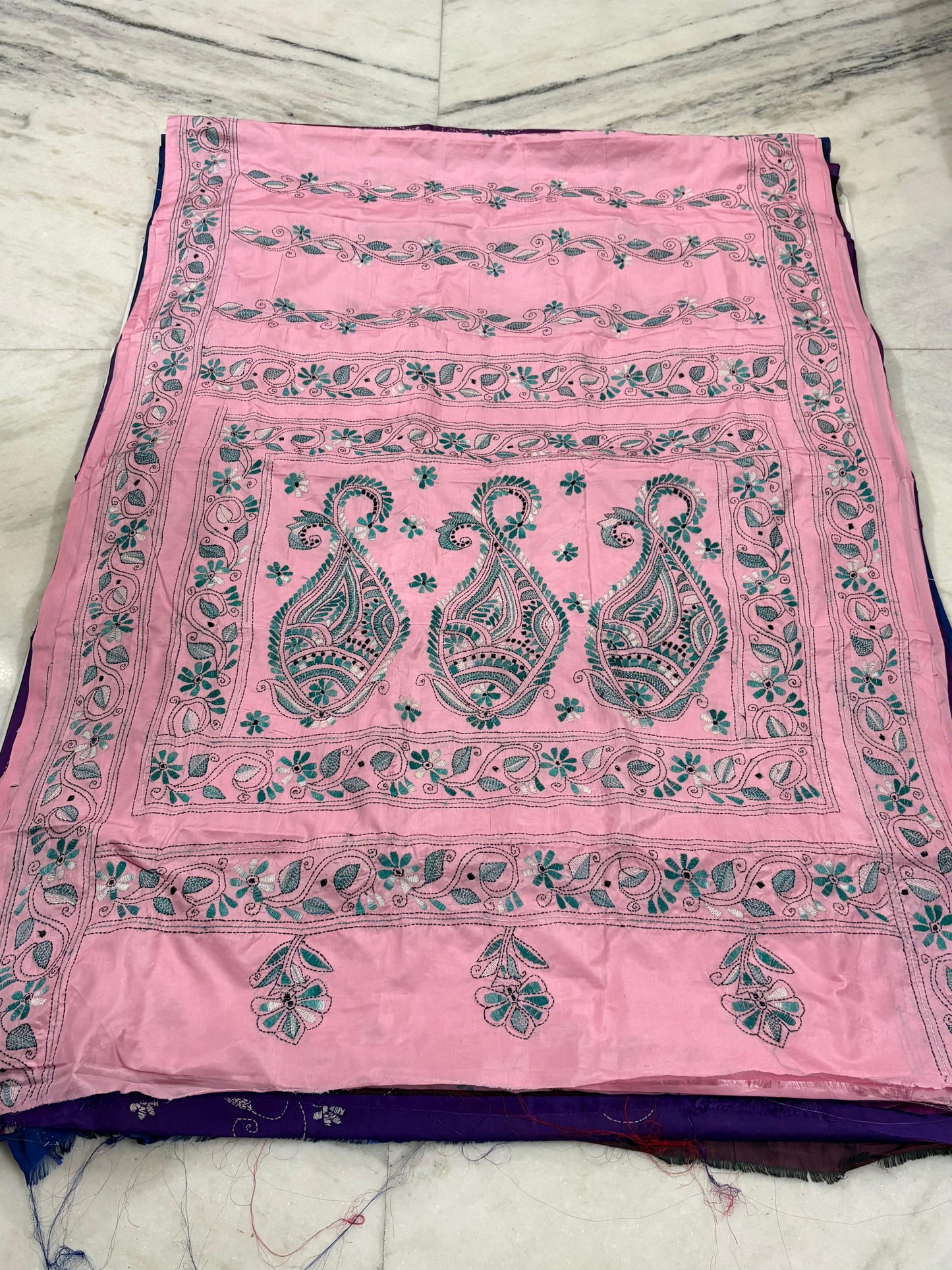 Blended Murshidabad Silk Hand Crafted Kantha Stitch Saree