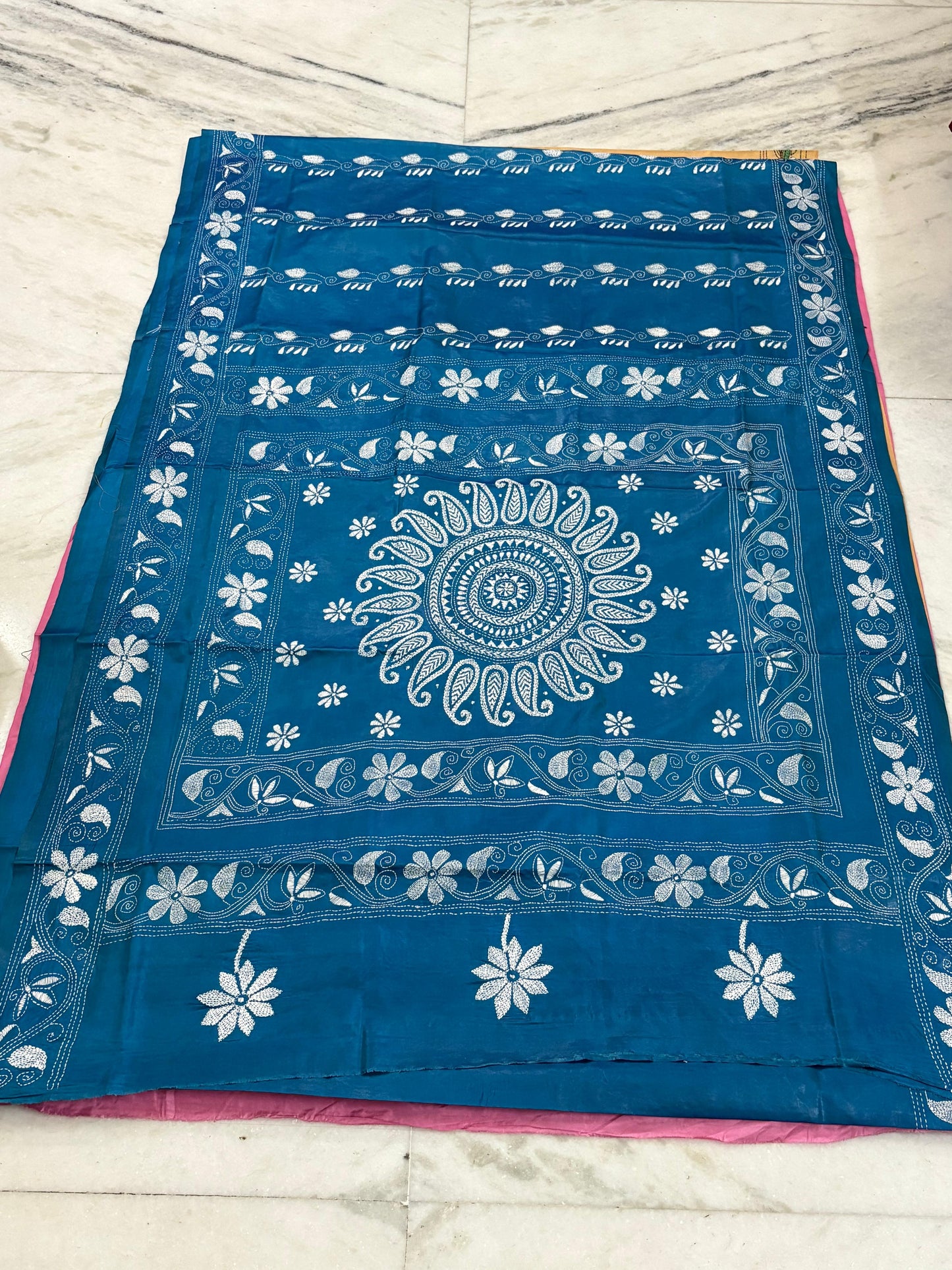 Blended Bangalore Silk Hand Crafted Kantha Stitch Saree